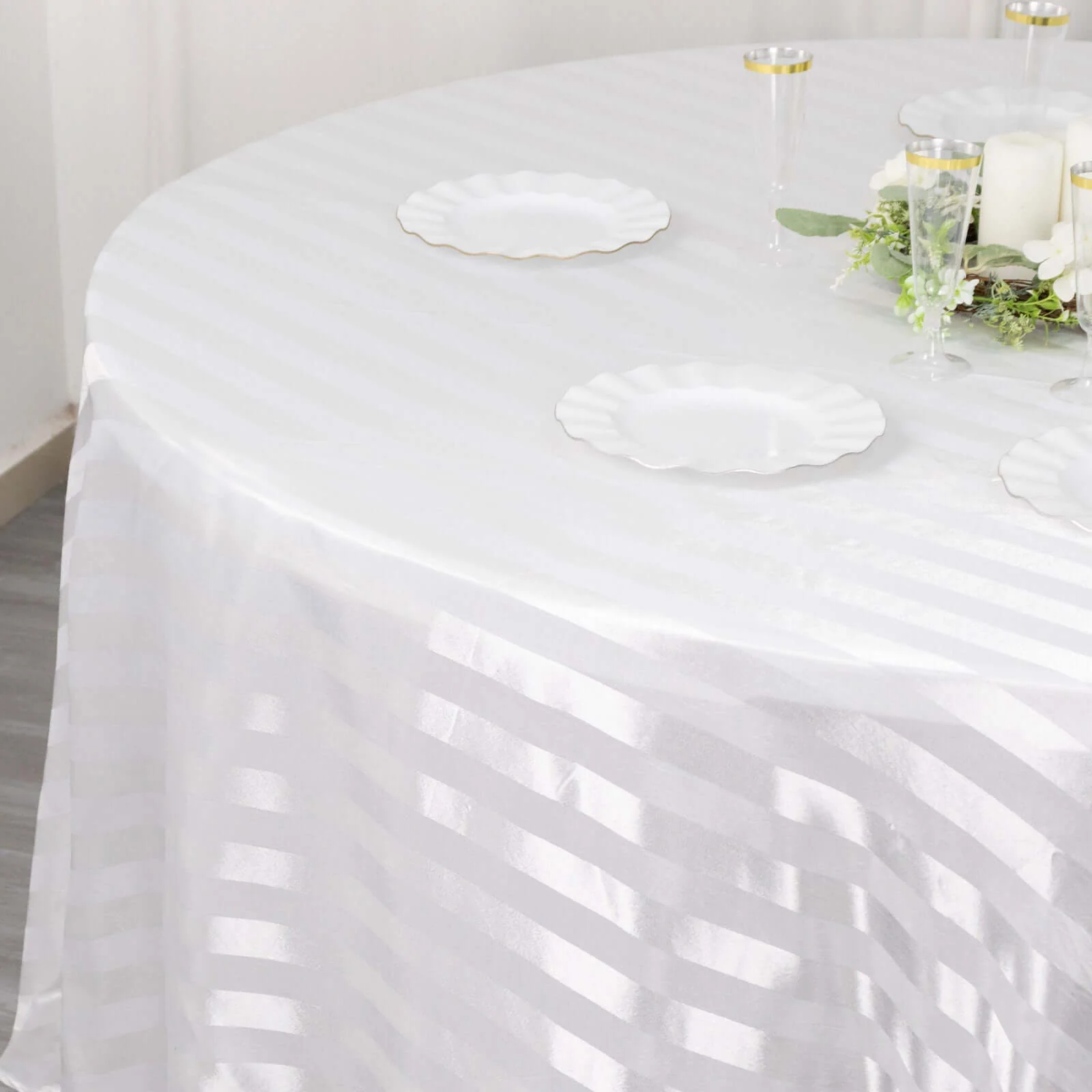 Satin Stripe Round Tablecloth 120" White - Seamless Silky Smooth Wedding Decor - Image 8