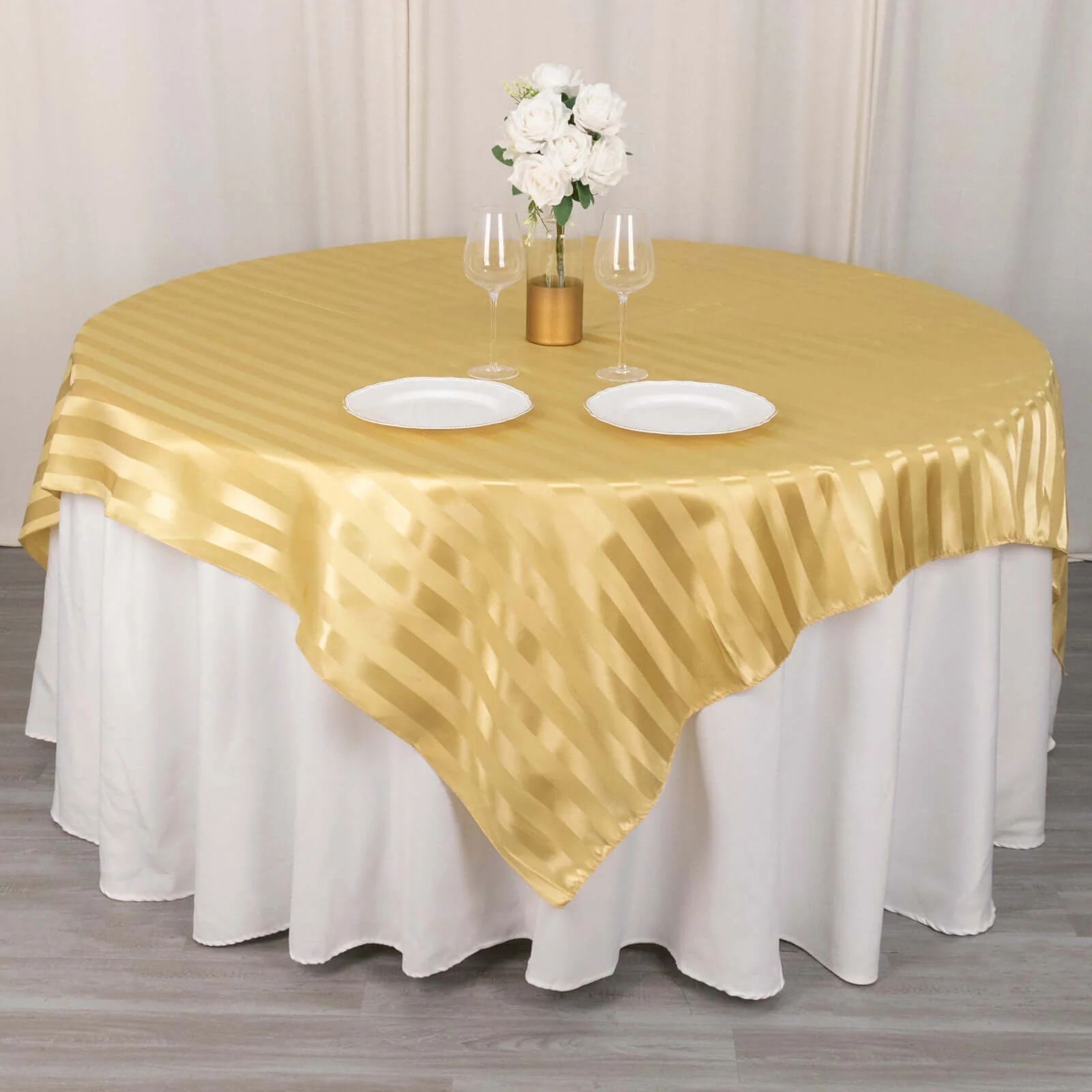 Satin Table Overlay 72"x72" Champagne - Smooth Finish Stripe Table Topper