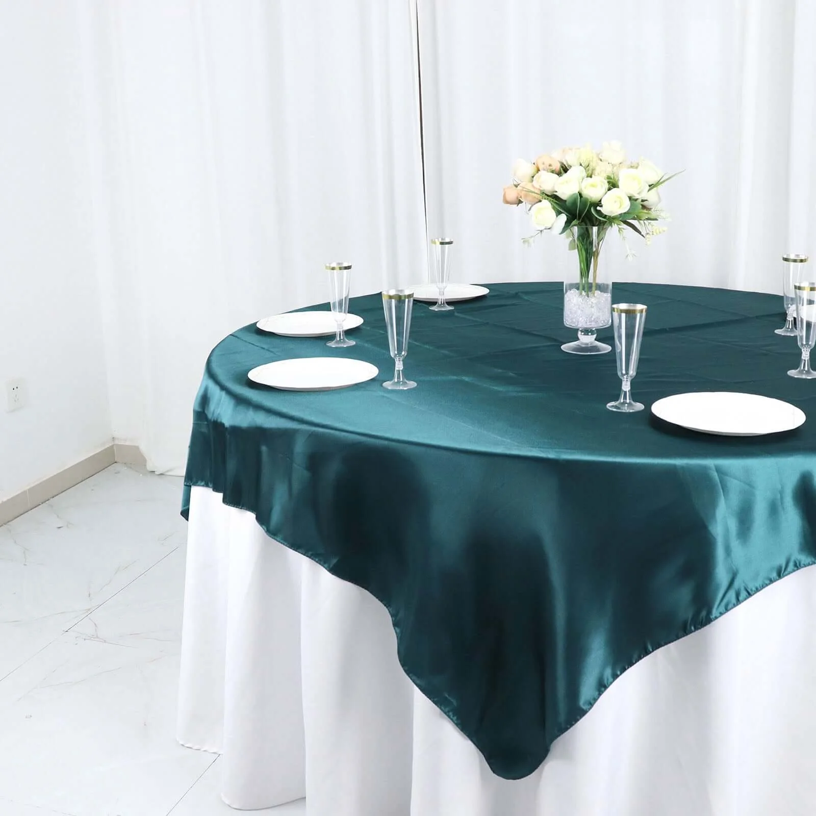 Satin Table Overlay 72"x72" Peacock Teal - Wrinkle Resistant & Smooth Table Topper - Image 2