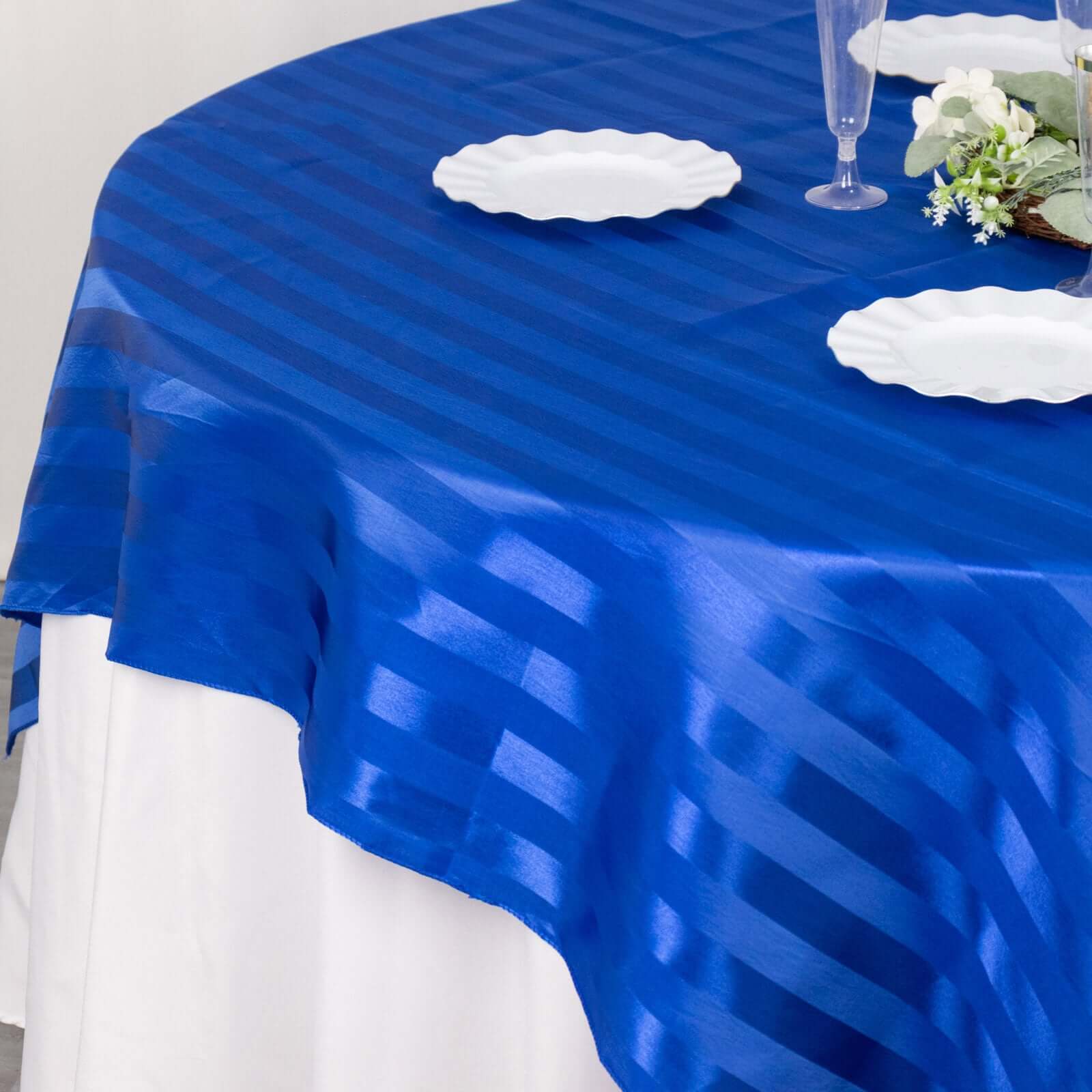 Satin Table Overlay 72"x72" Royal Blue - Smooth Finish Stripe Table Topper - Image 2