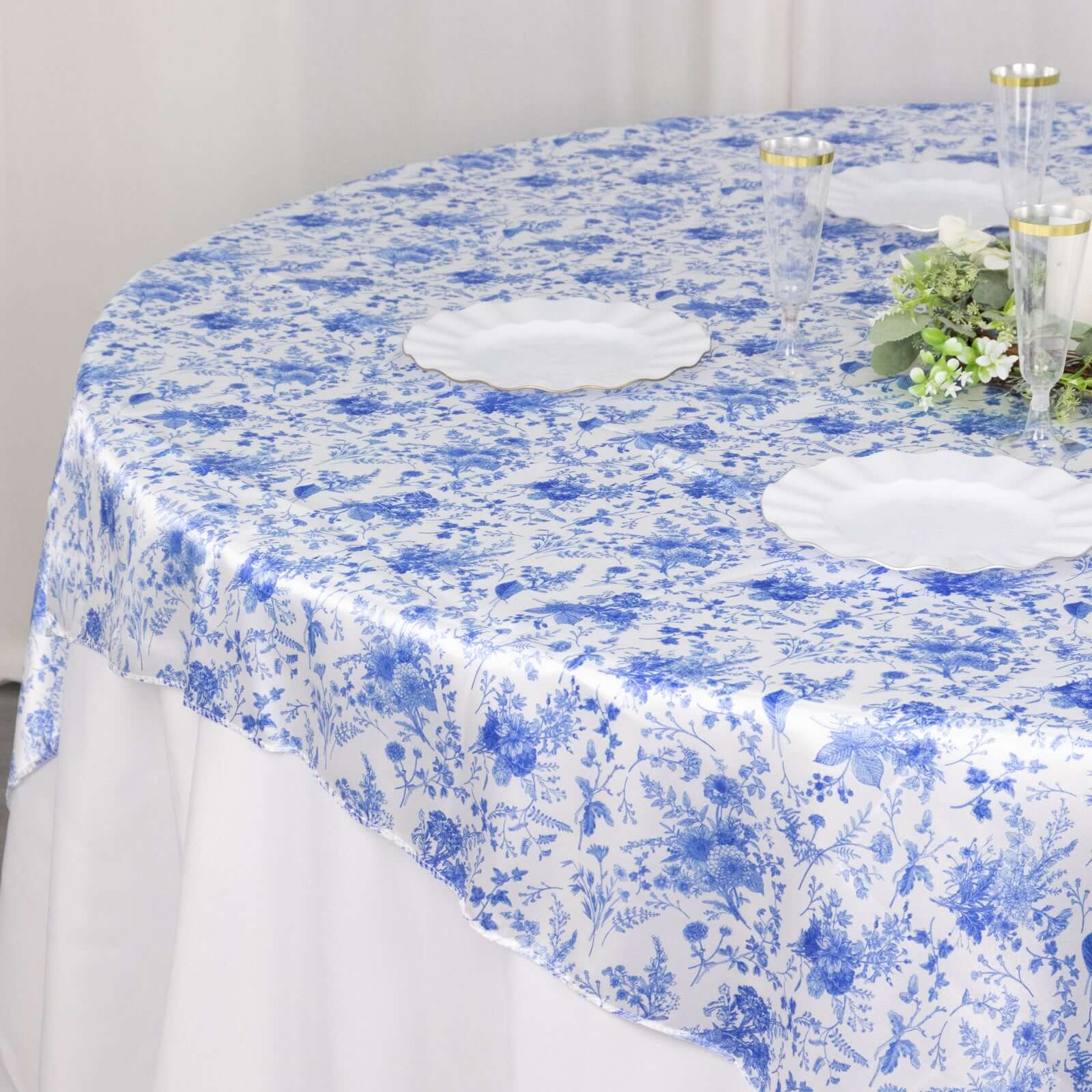 Satin Table Overlay 72"x72" White Blue with French Toile Floral Design - Classic Style for Refined Occasions - Image 2