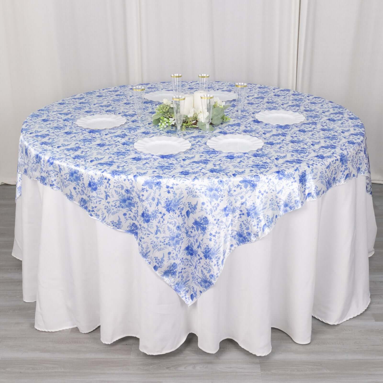 Satin Table Overlay 72"x72" White Blue with French Toile Floral Design - Classic Style for Refined Occasions - Image 3