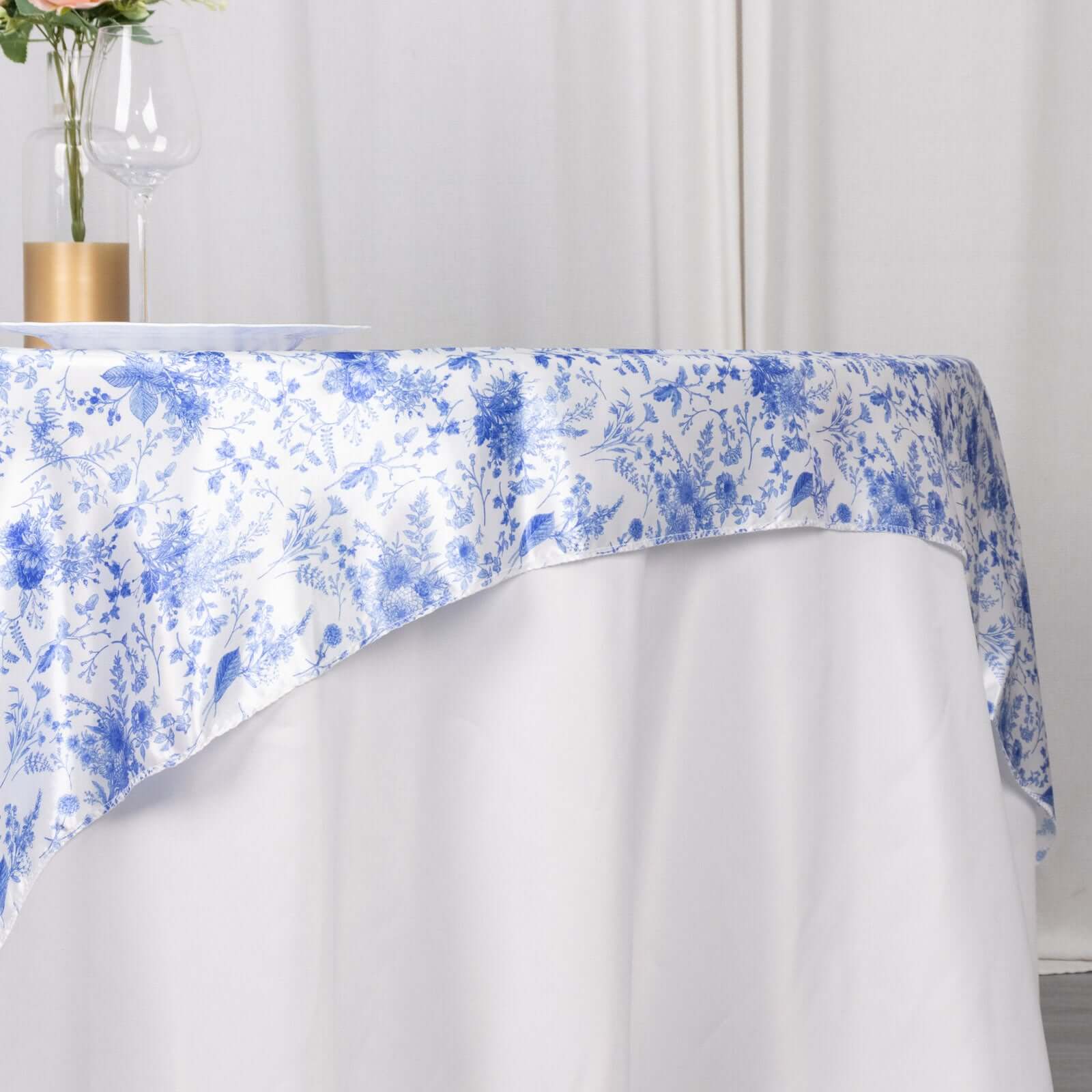 Satin Table Overlay 72"x72" White Blue with French Toile Floral Design - Classic Style for Refined Occasions - Image 4