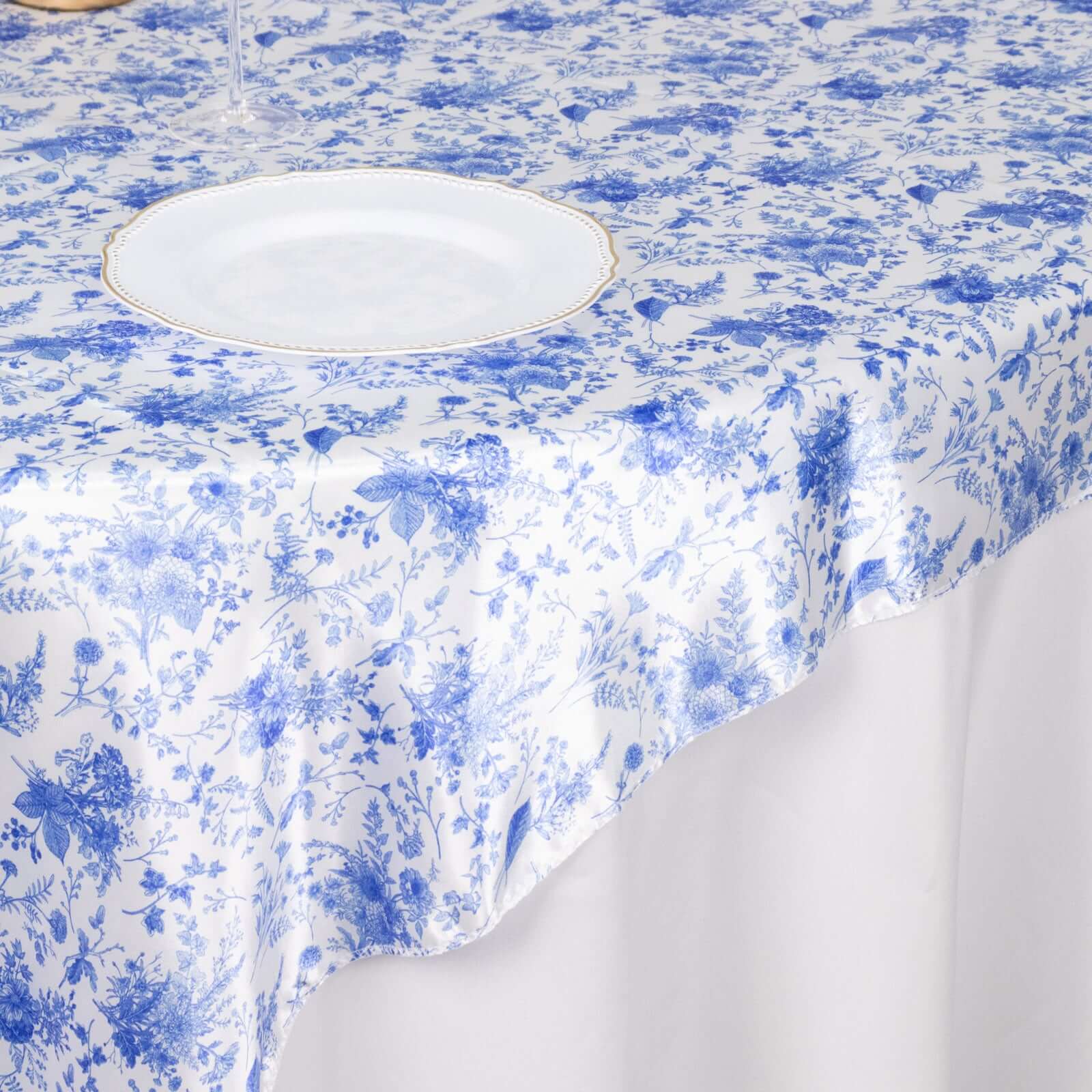 Satin Table Overlay 72"x72" White Blue with French Toile Floral Design - Classic Style for Refined Occasions - Image 5