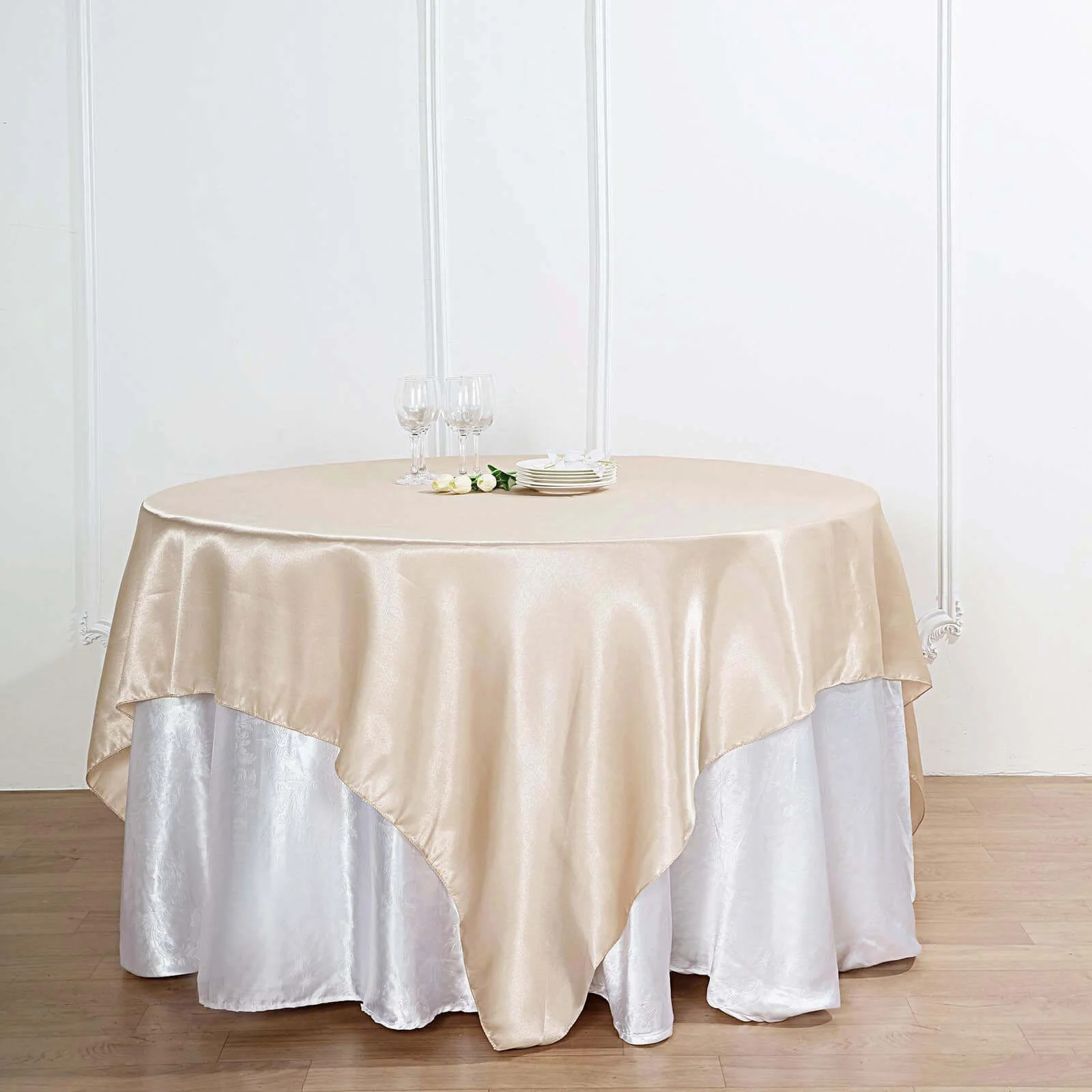 Satin Table Overlay 90"x90" Beige - Smooth Finish Table Topper