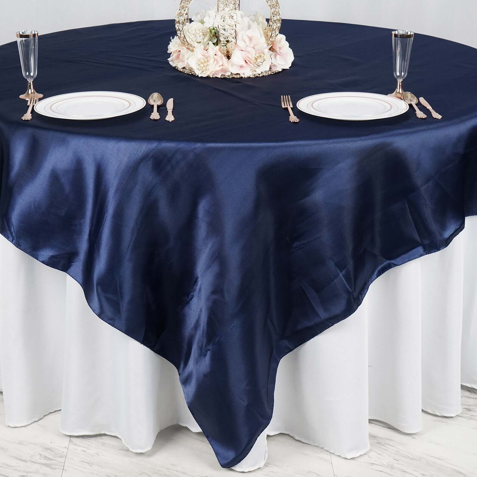 Satin Table Overlay 90"x90" Navy - Smooth Finish Table Topper - Image 7