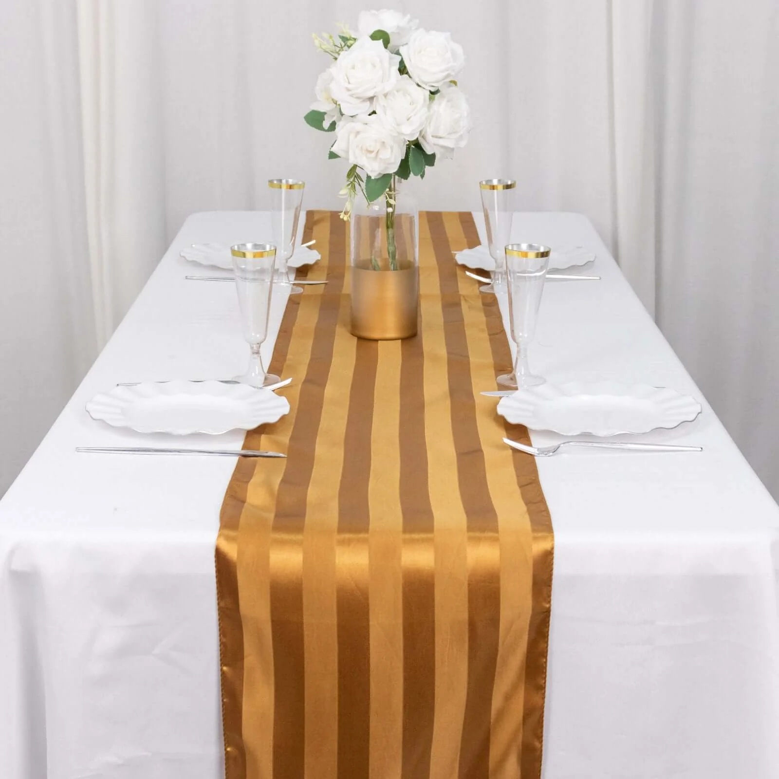 Satin Table Runner 12"x108" Gold - Stripe Wrinkle Resistant Linen