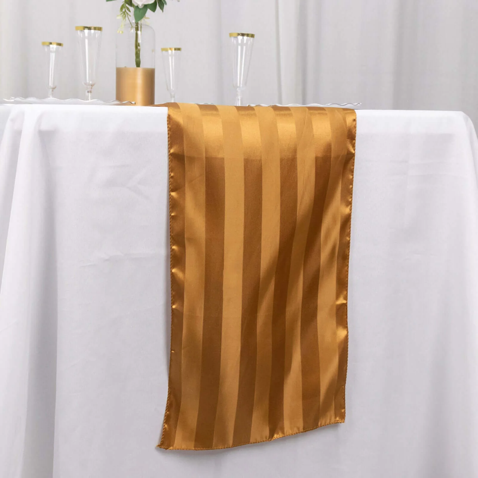 Satin Table Runner 12"x108" Gold - Stripe Wrinkle Resistant Linen - Image 5