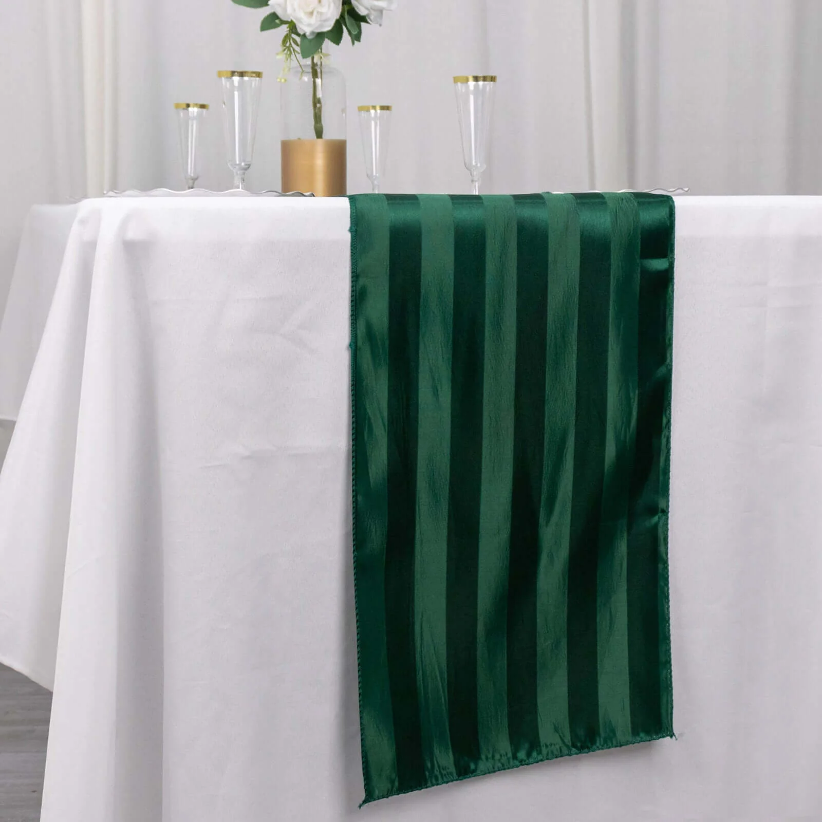 Satin Table Runner 12"x108" Hunter Emerald Green - Stripe Wrinkle Resistant Linen - Image 5