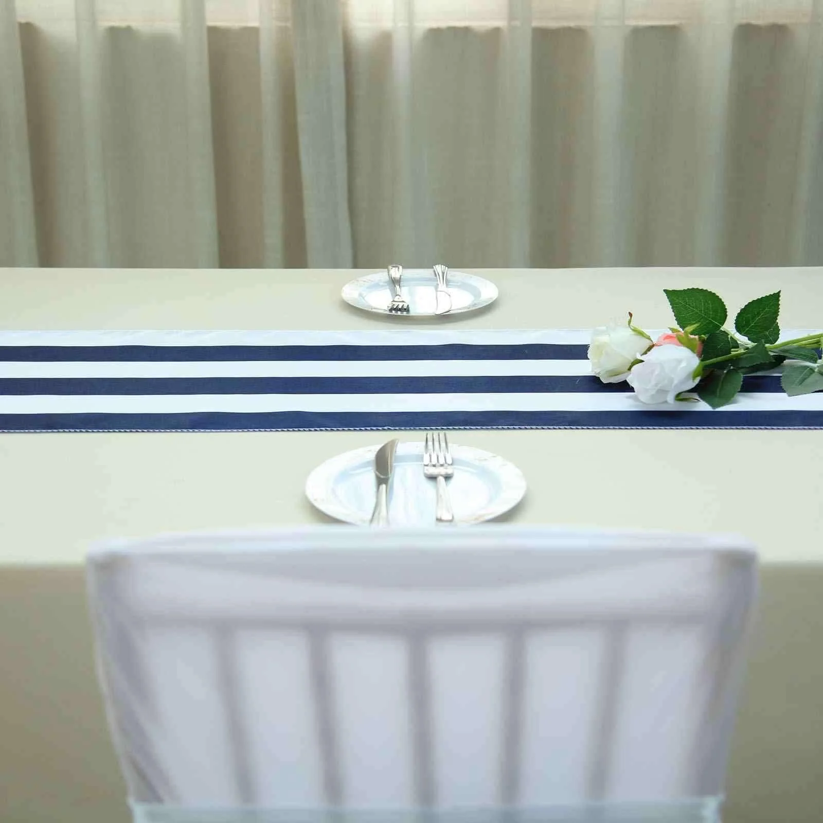 Satin Table Runner 12"x108" Navy Blue/White - Stripe Table Linen - Image 2
