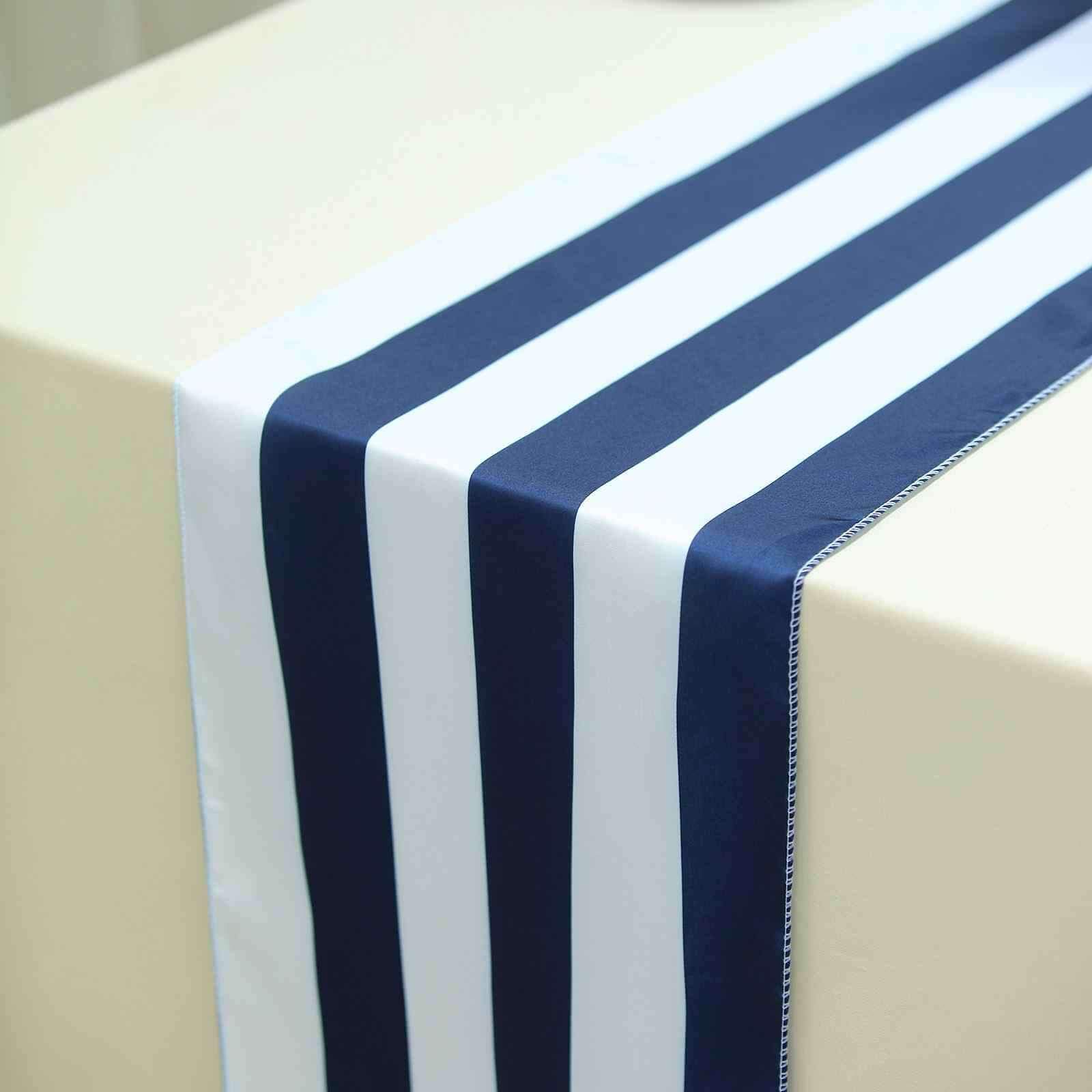 Satin Table Runner 12"x108" Navy Blue/White - Stripe Table Linen - Image 3