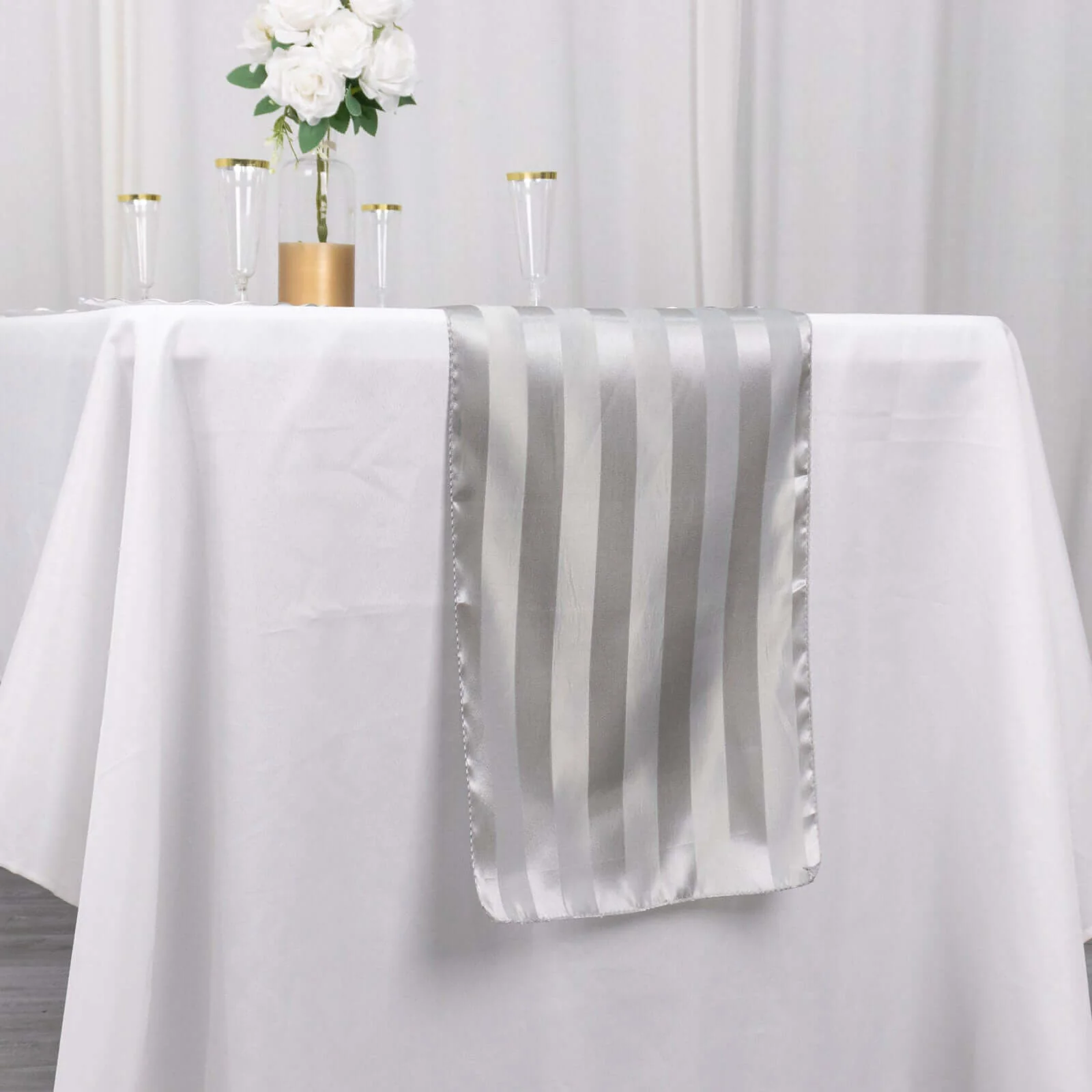 Satin Table Runner 12"x108" Silver - Stripe Wrinkle Resistant Linen - Image 5