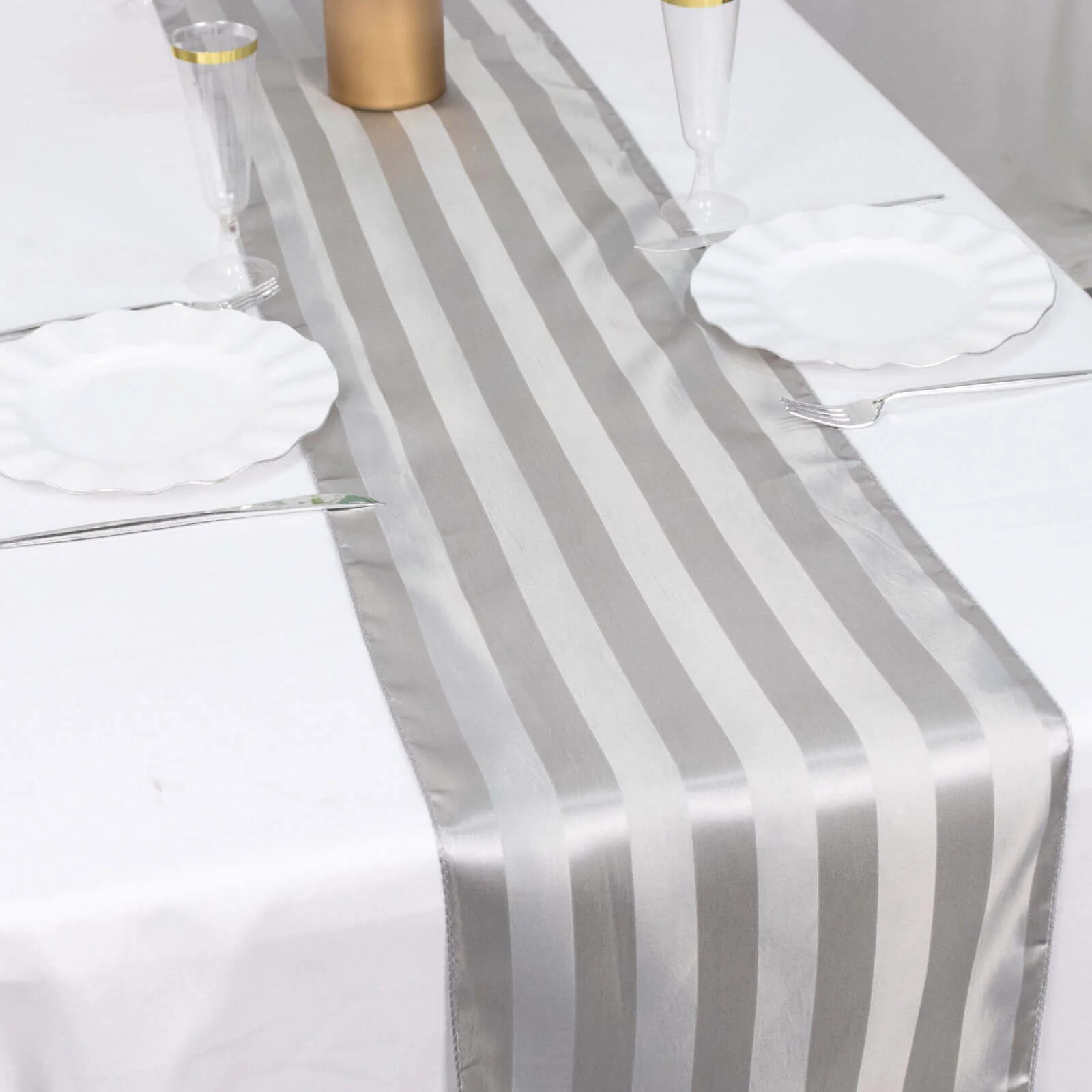 Satin Table Runner 12"x108" Silver - Stripe Wrinkle Resistant Linen - Image 8