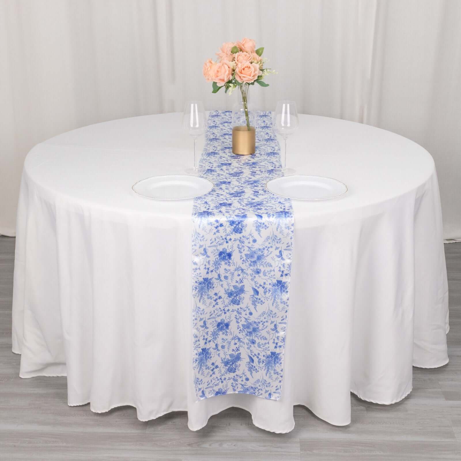 Satin Table Runner 12"x108" White with Blue French Toile Floral Pattern - Classic Accent for Formal Gatherings - Image 2