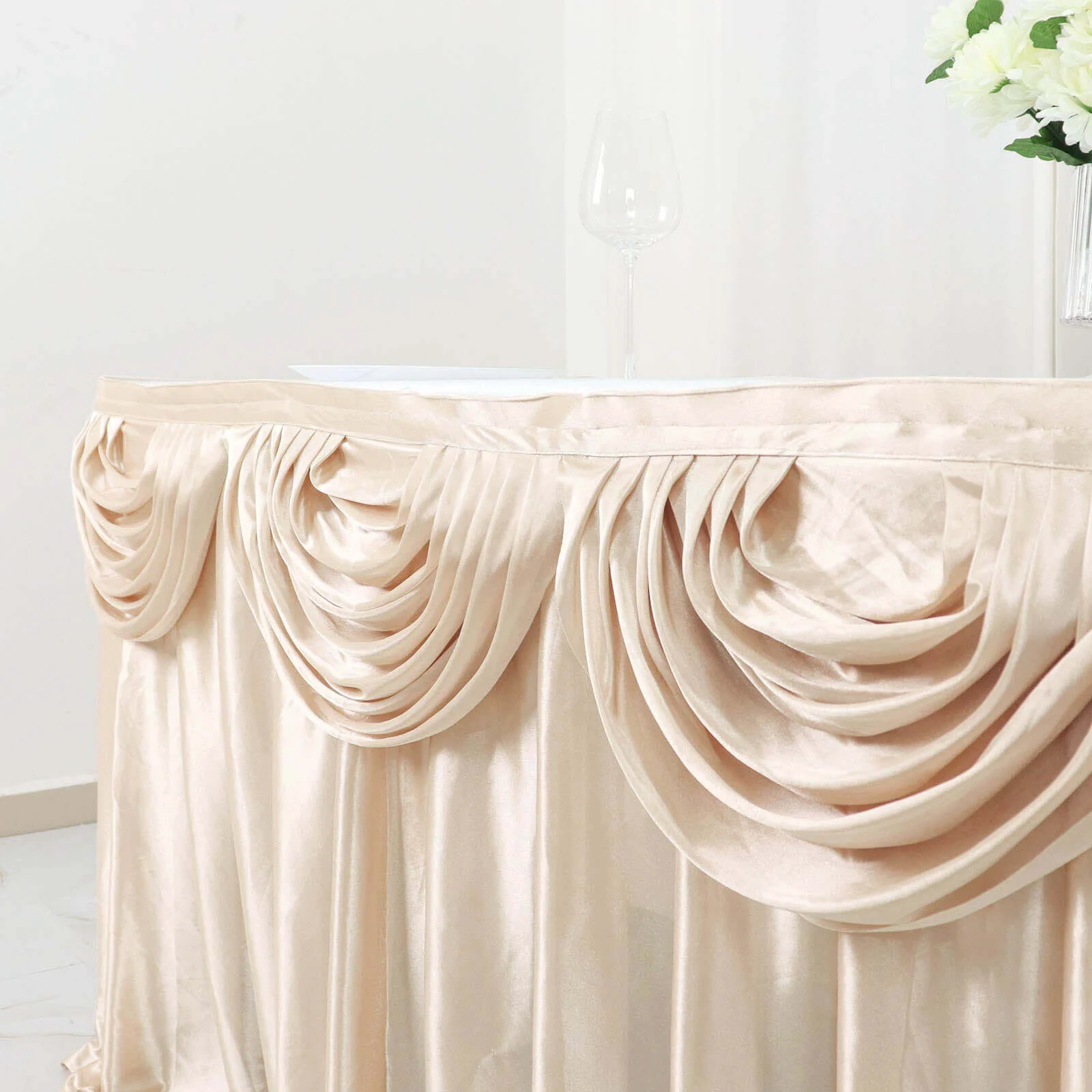 Satin Table Skirt 14ft Beige - Pleated Double Drape Table Cover - Image 2