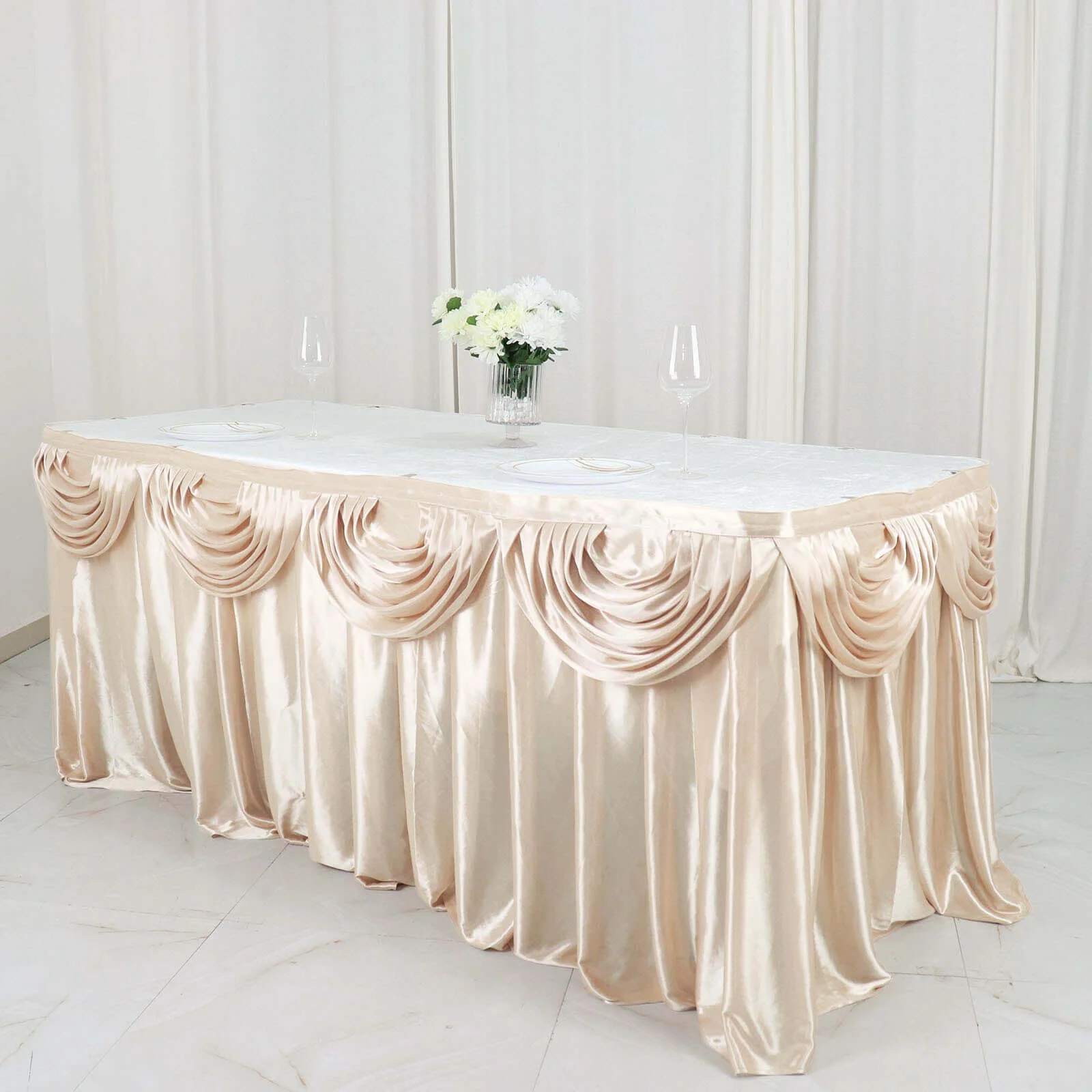 Satin Table Skirt 14ft Beige - Pleated Double Drape Table Cover - Image 4