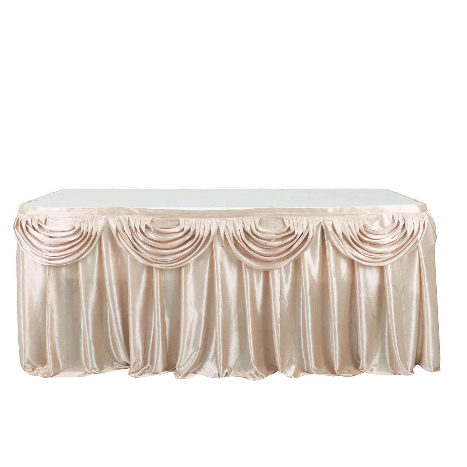 Satin Table Skirt 14ft Beige - Pleated Double Drape Table Cover - Image 5
