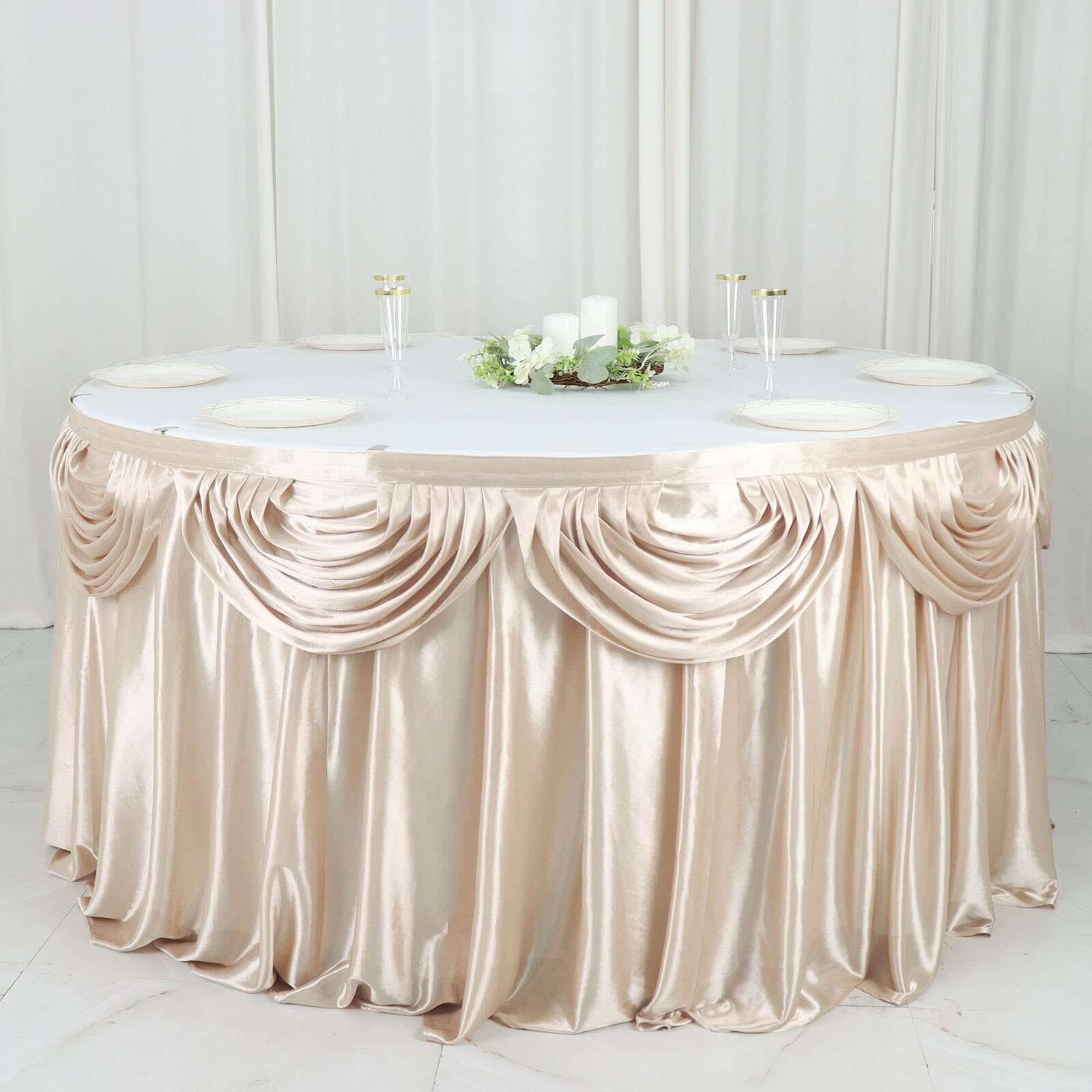 Satin Table Skirt 14ft Beige - Pleated Double Drape Table Cover - Image 6