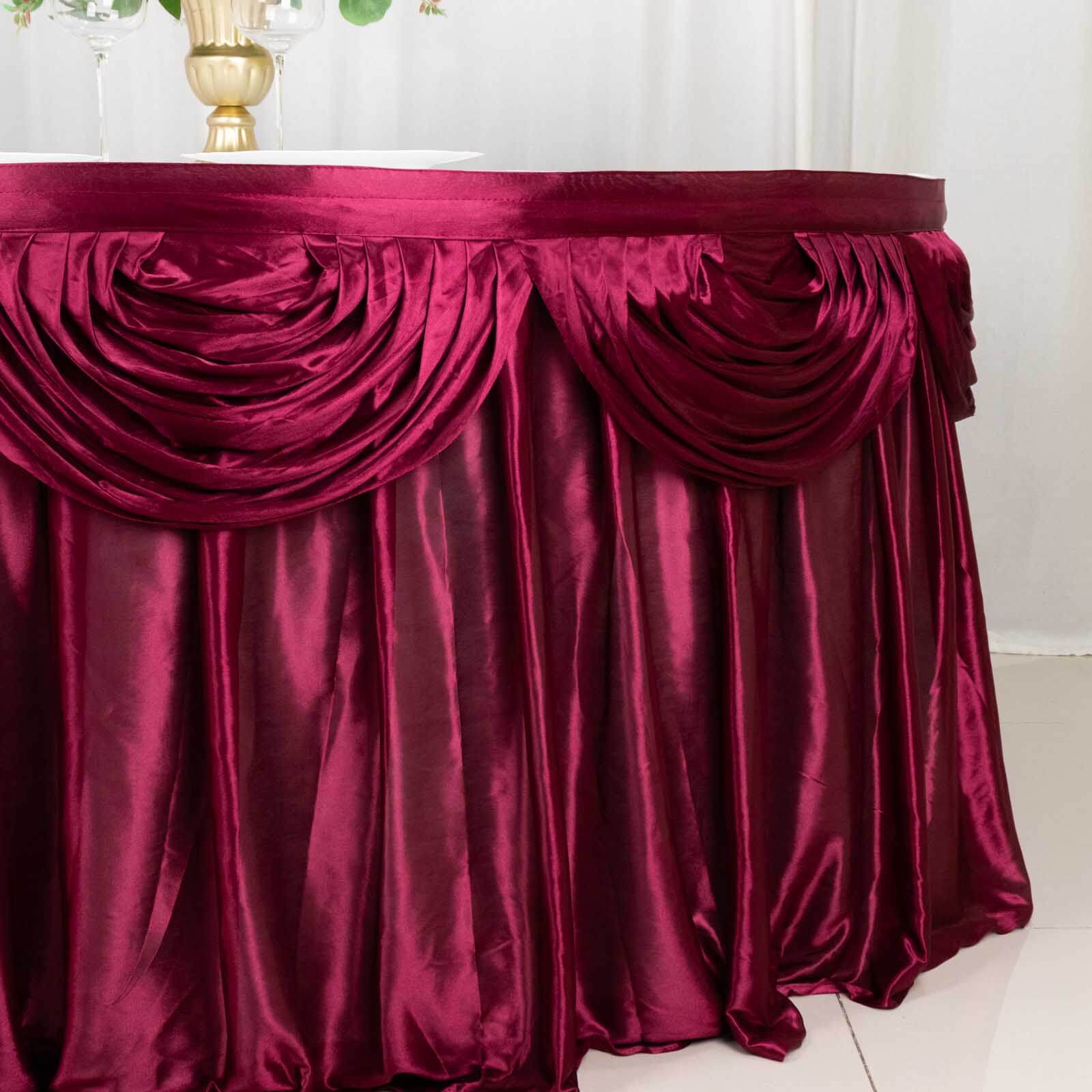 Satin Table Skirt 14ft Burgundy - Pleated Double Drape Table Cover - Image 2
