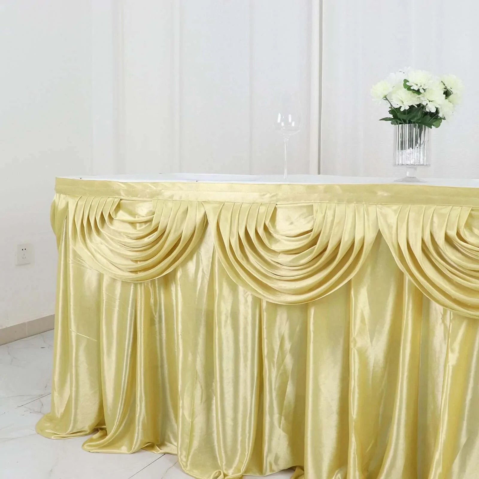 Satin Table Skirt 14ft Champagne - Pleated Double Drape Table Cover - Image 2