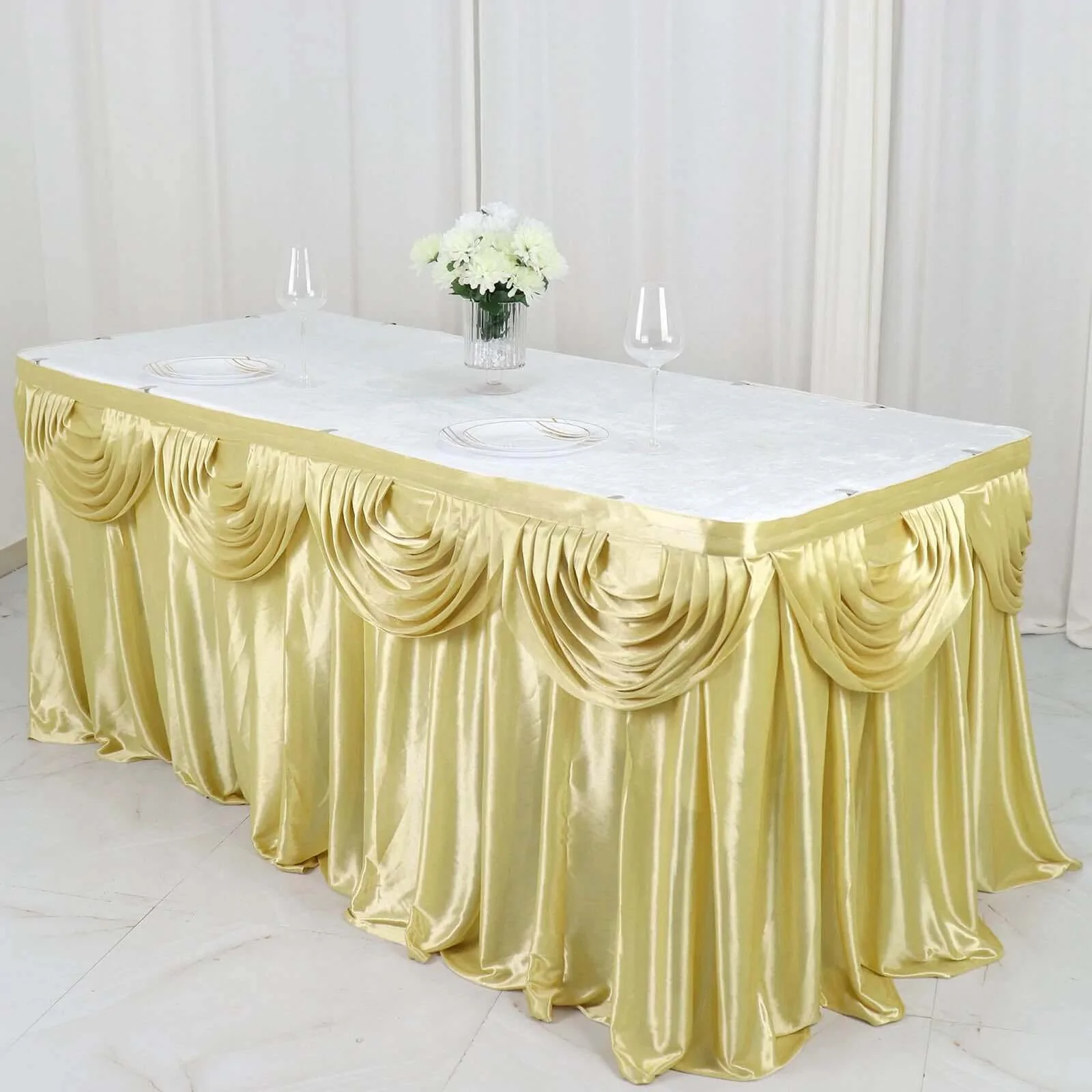 Satin Table Skirt 14ft Champagne - Pleated Double Drape Table Cover - Image 5