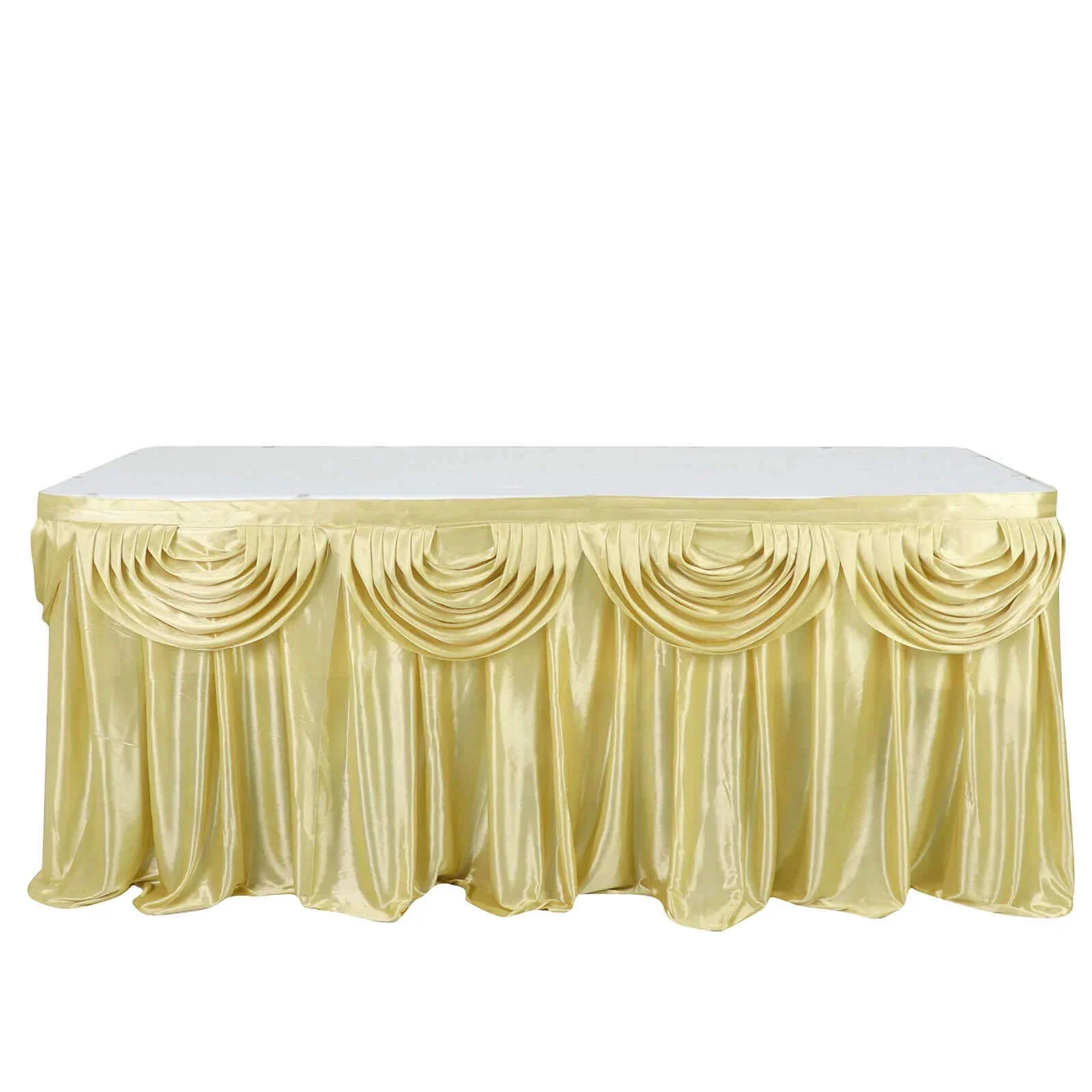 Satin Table Skirt 14ft Champagne - Pleated Double Drape Table Cover - Image 6