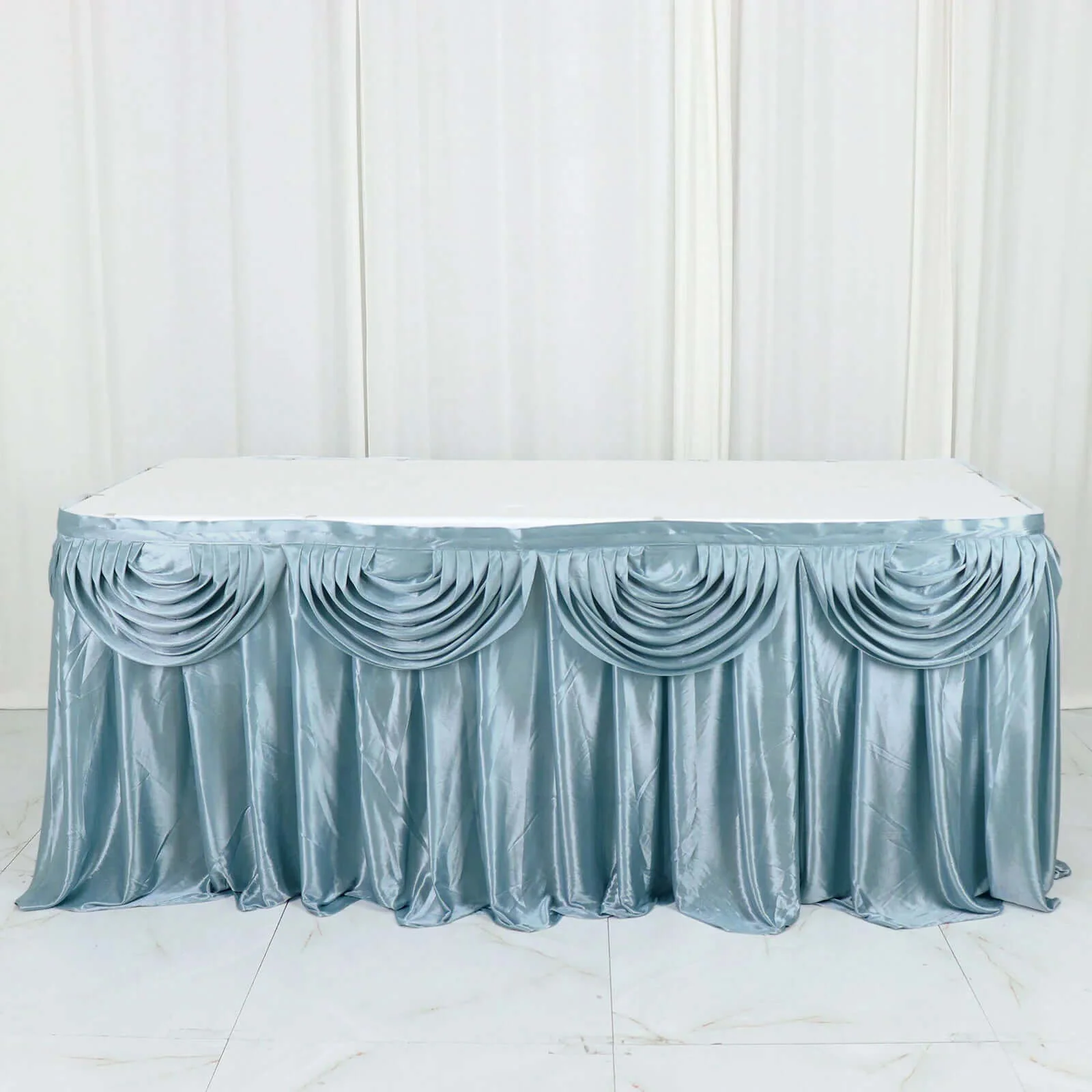 Satin Table Skirt 14ft Dusty Blue - Pleated Double Drape Table Cover