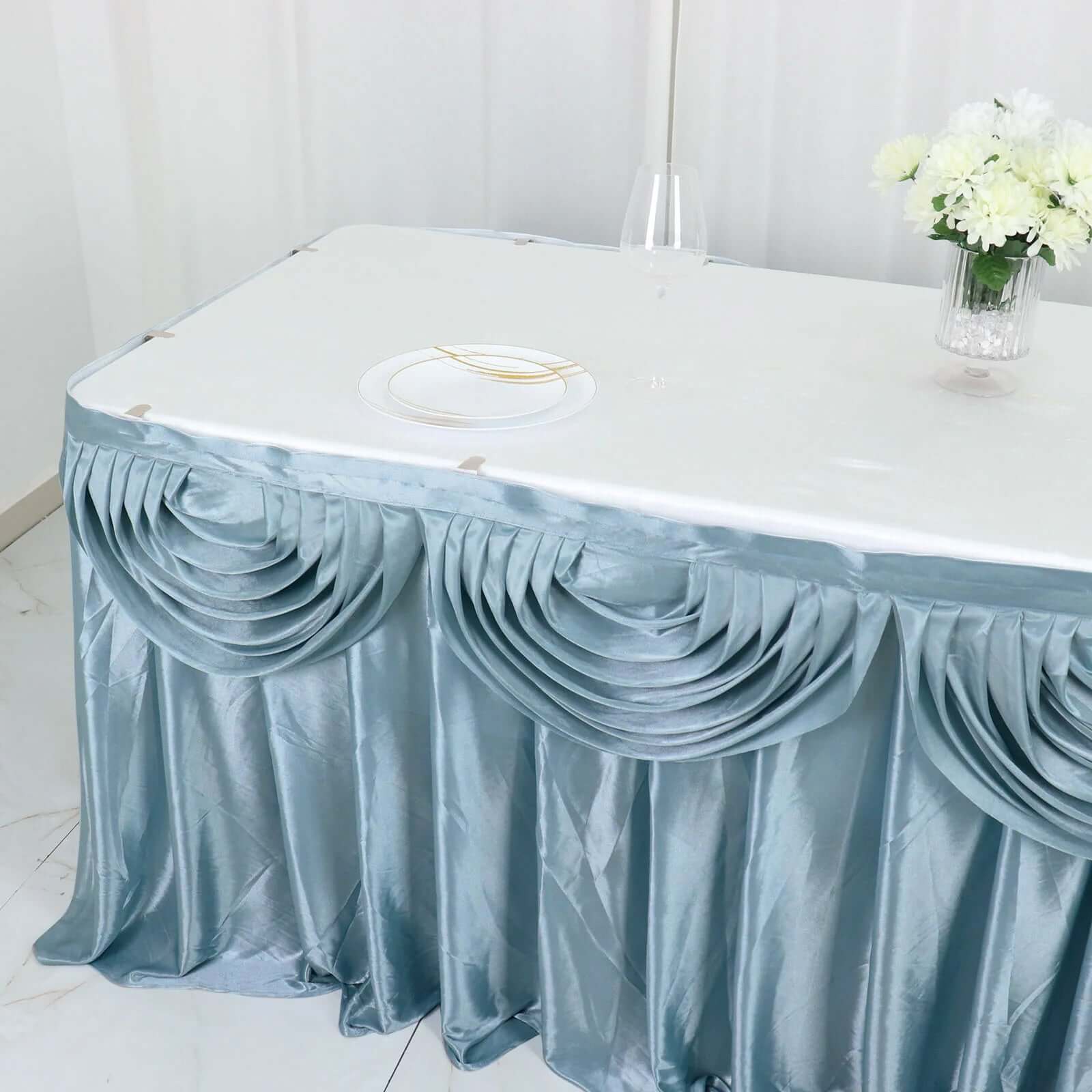 Satin Table Skirt 14ft Dusty Blue - Pleated Double Drape Table Cover - Image 2