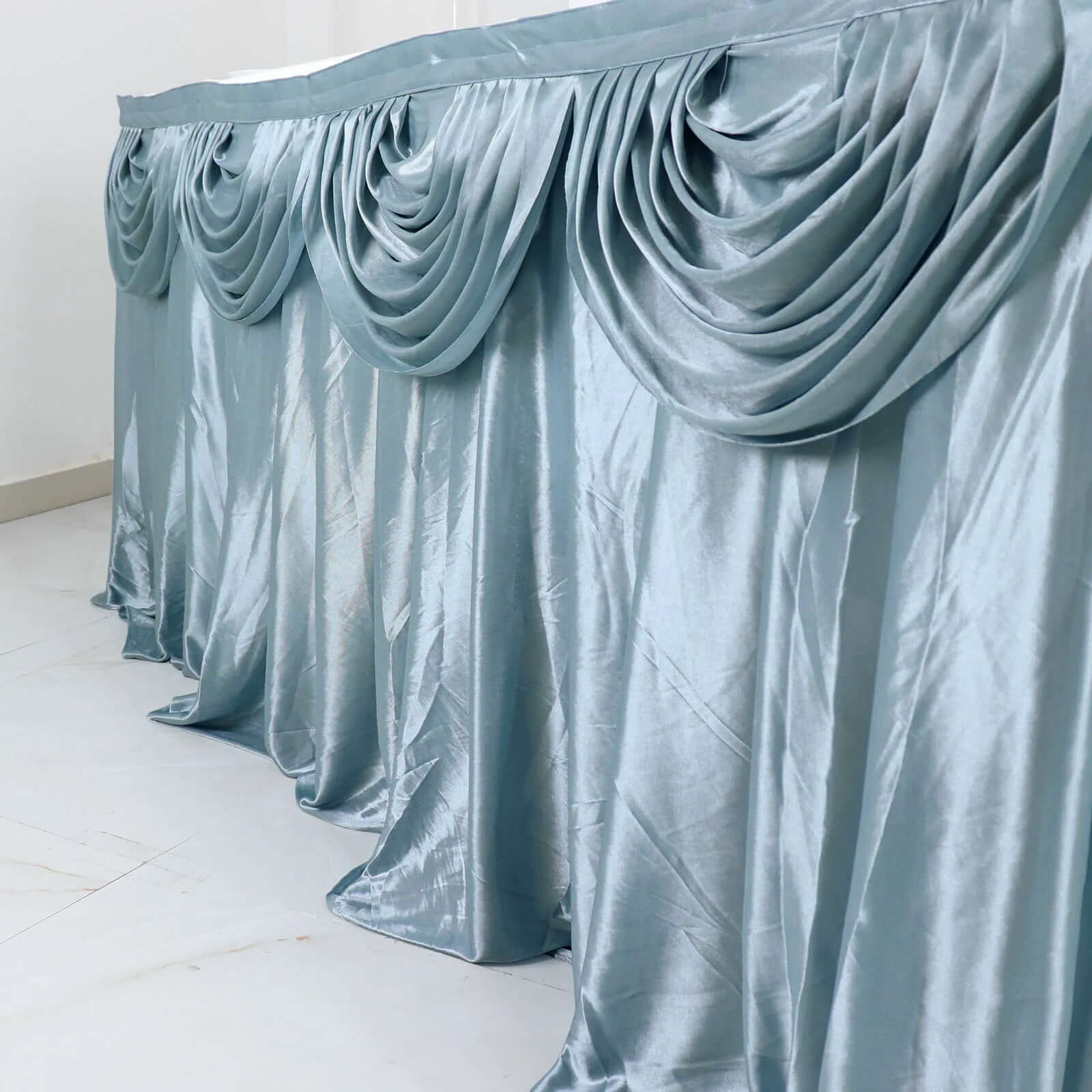 Satin Table Skirt 14ft Dusty Blue - Pleated Double Drape Table Cover - Image 6