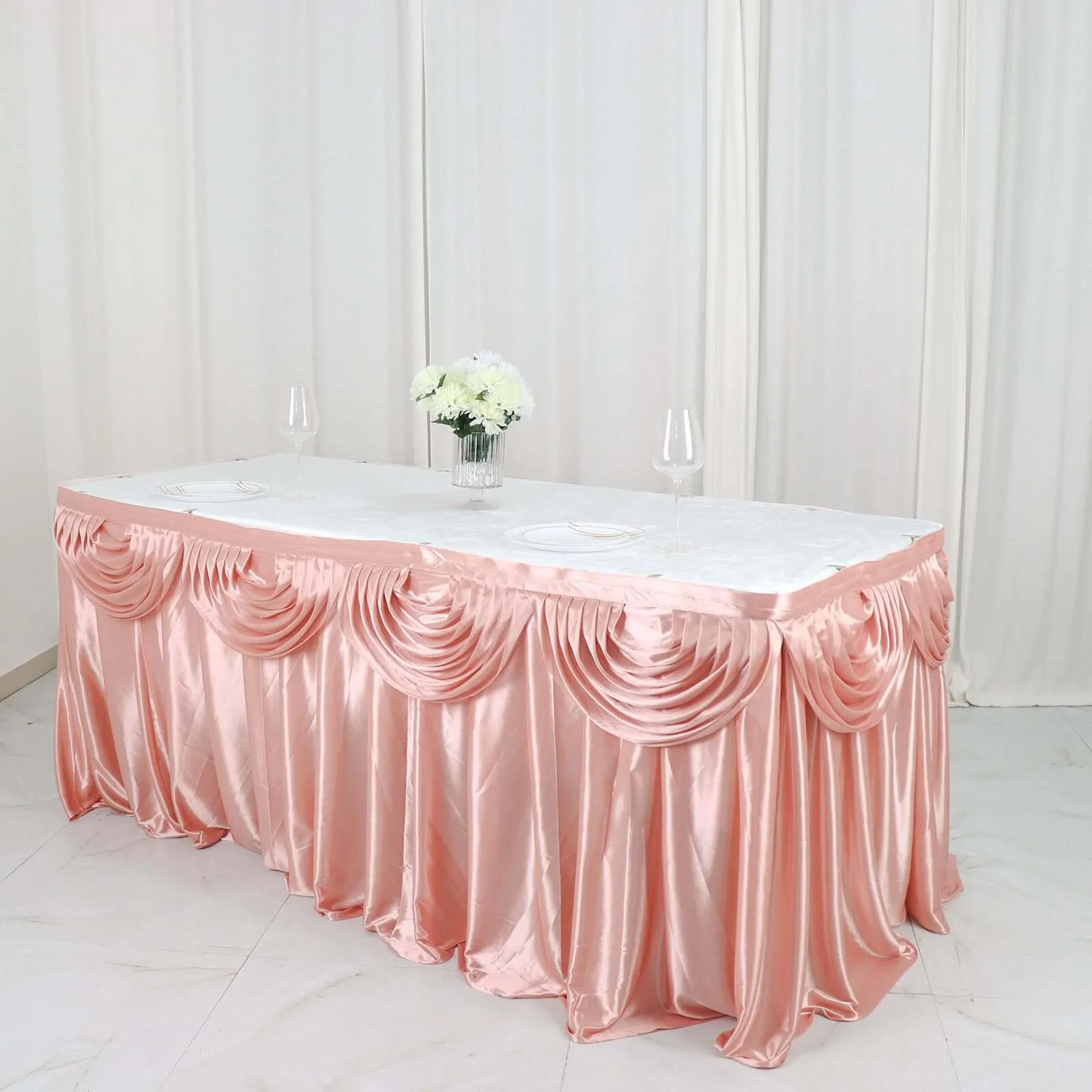 Satin Table Skirt 14ft Dusty Rose - Pleated Double Drape Table Cover - Image 5
