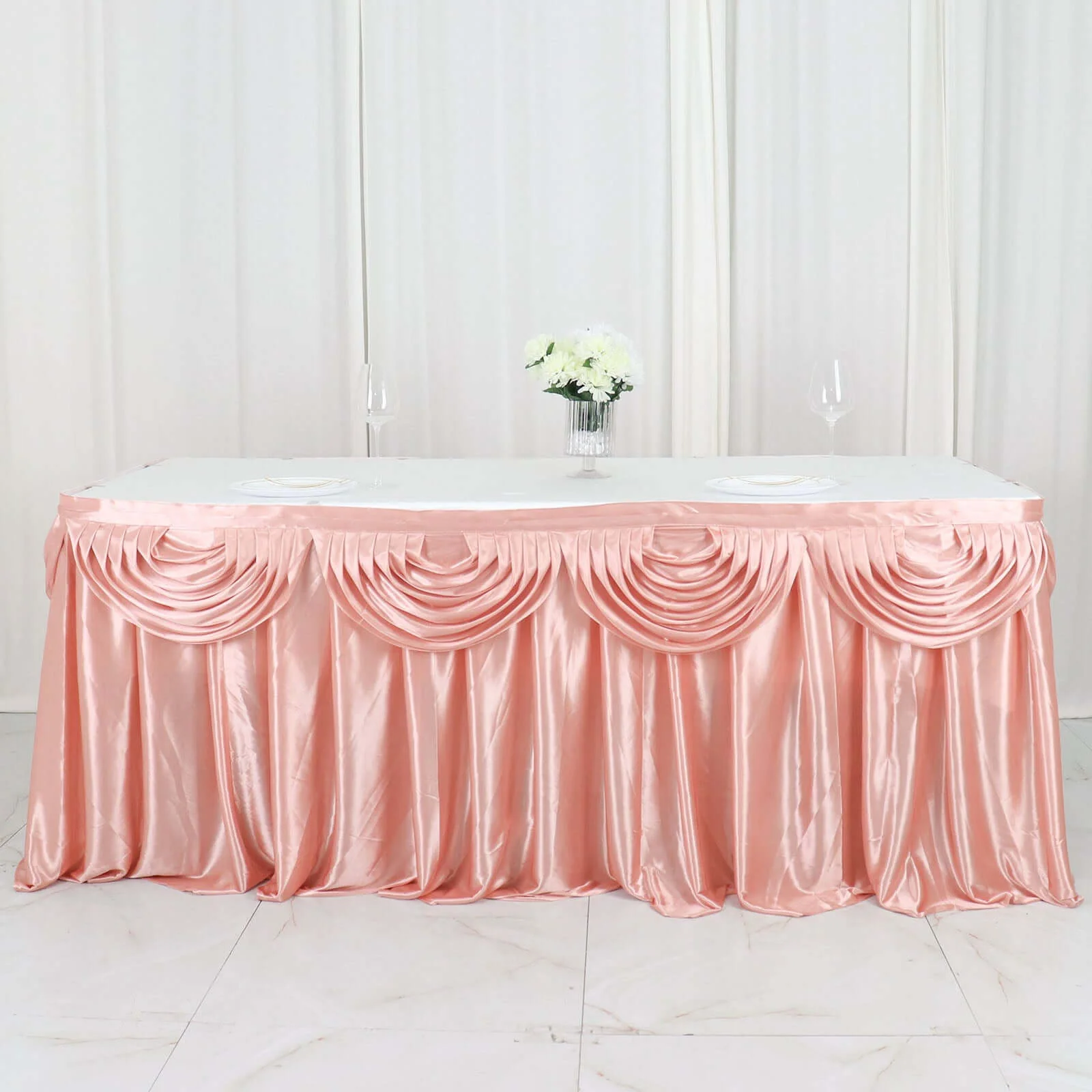 Satin Table Skirt 14ft Dusty Rose - Pleated Double Drape Table Cover - Image 6