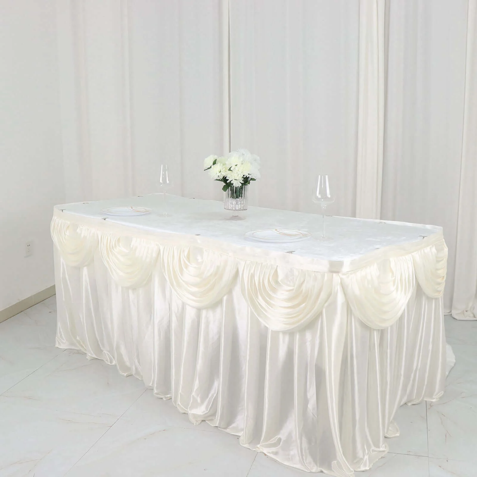 Satin Table Skirt 14ft Ivory - Pleated Double Drape Table Cover - Image 4