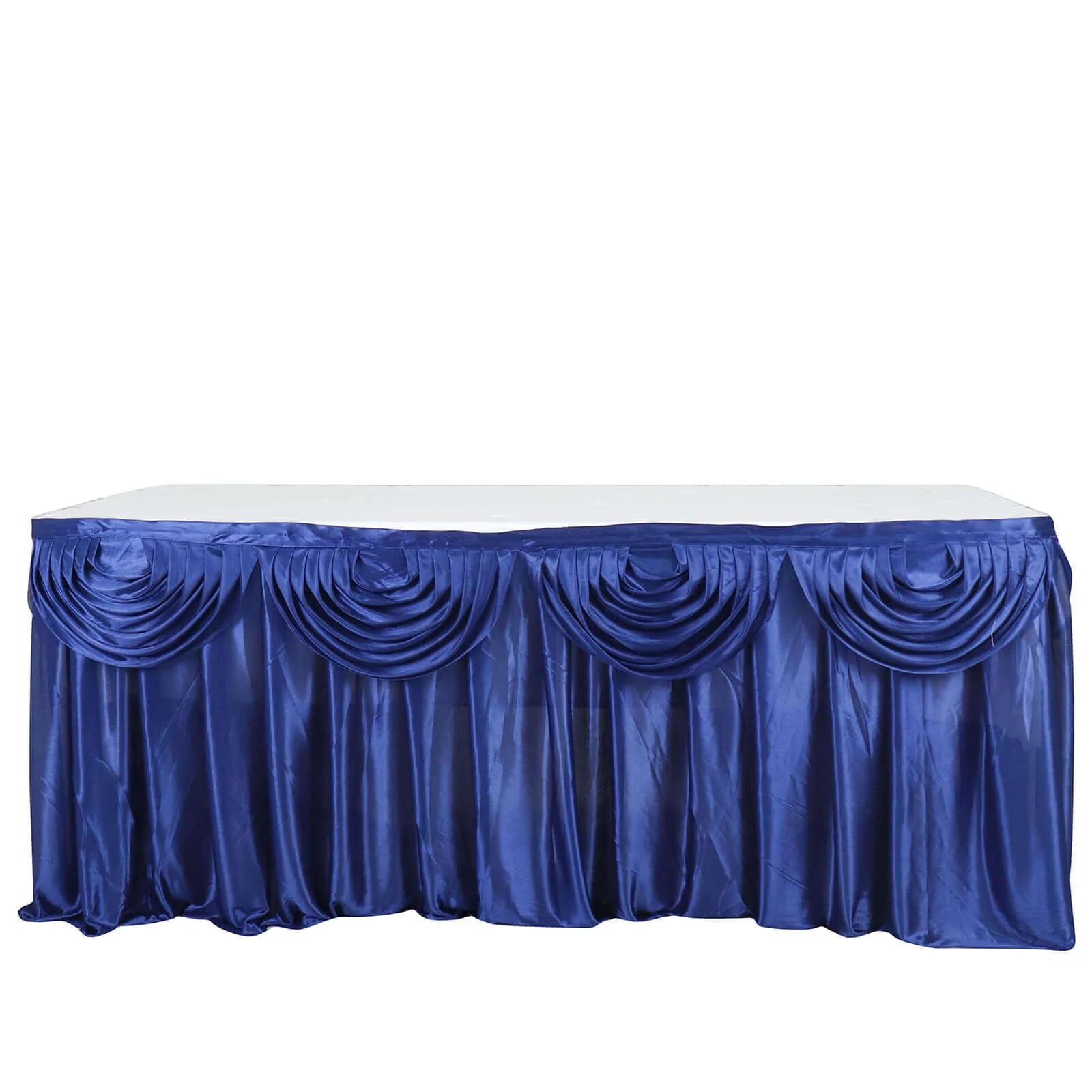 Satin Table Skirt 14ft Navy Blue - Pleated Double Drape Table Cover - Image 7