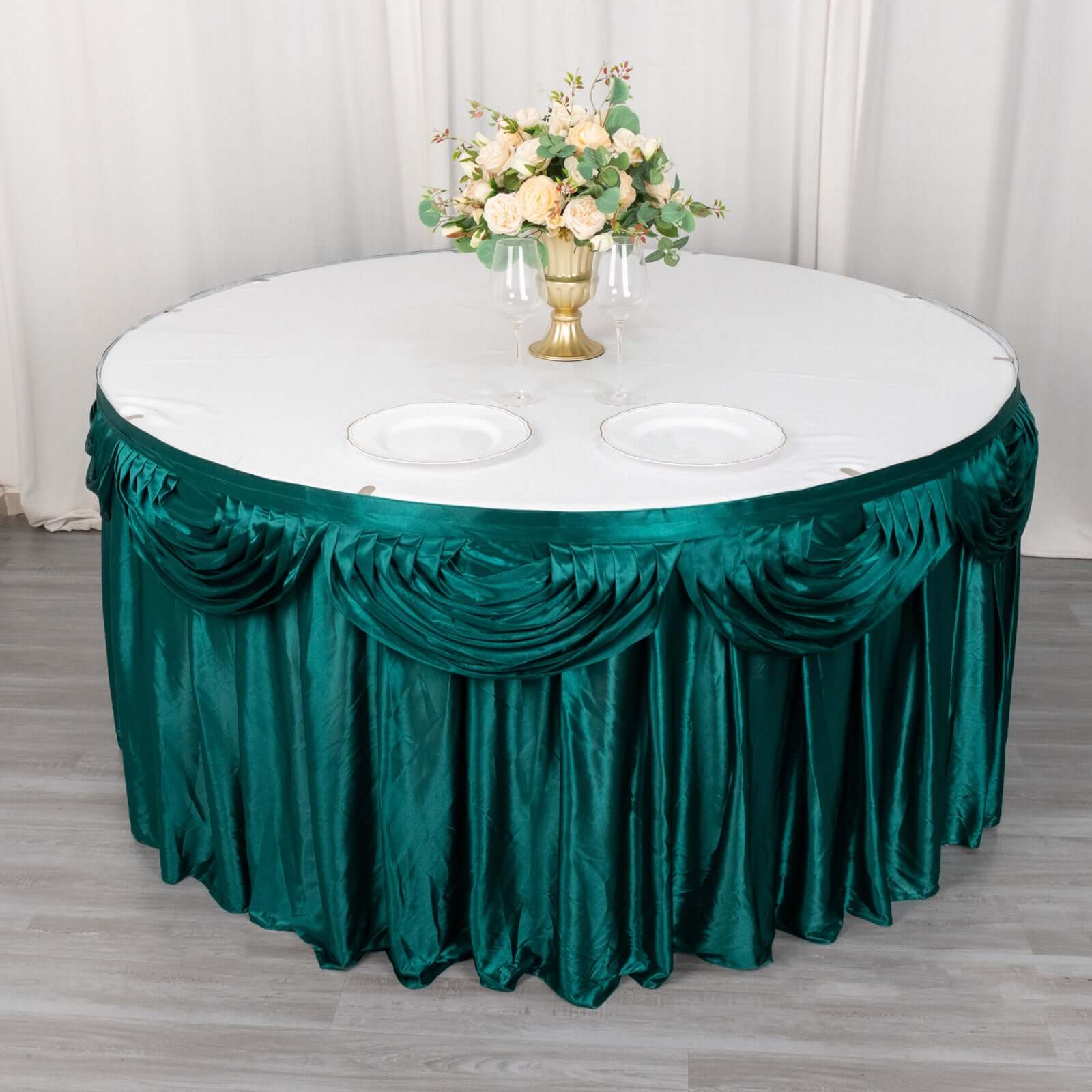 Satin Table Skirt 14ft Peacock Teal - Pleated Double Drape Table Cover - Image 4