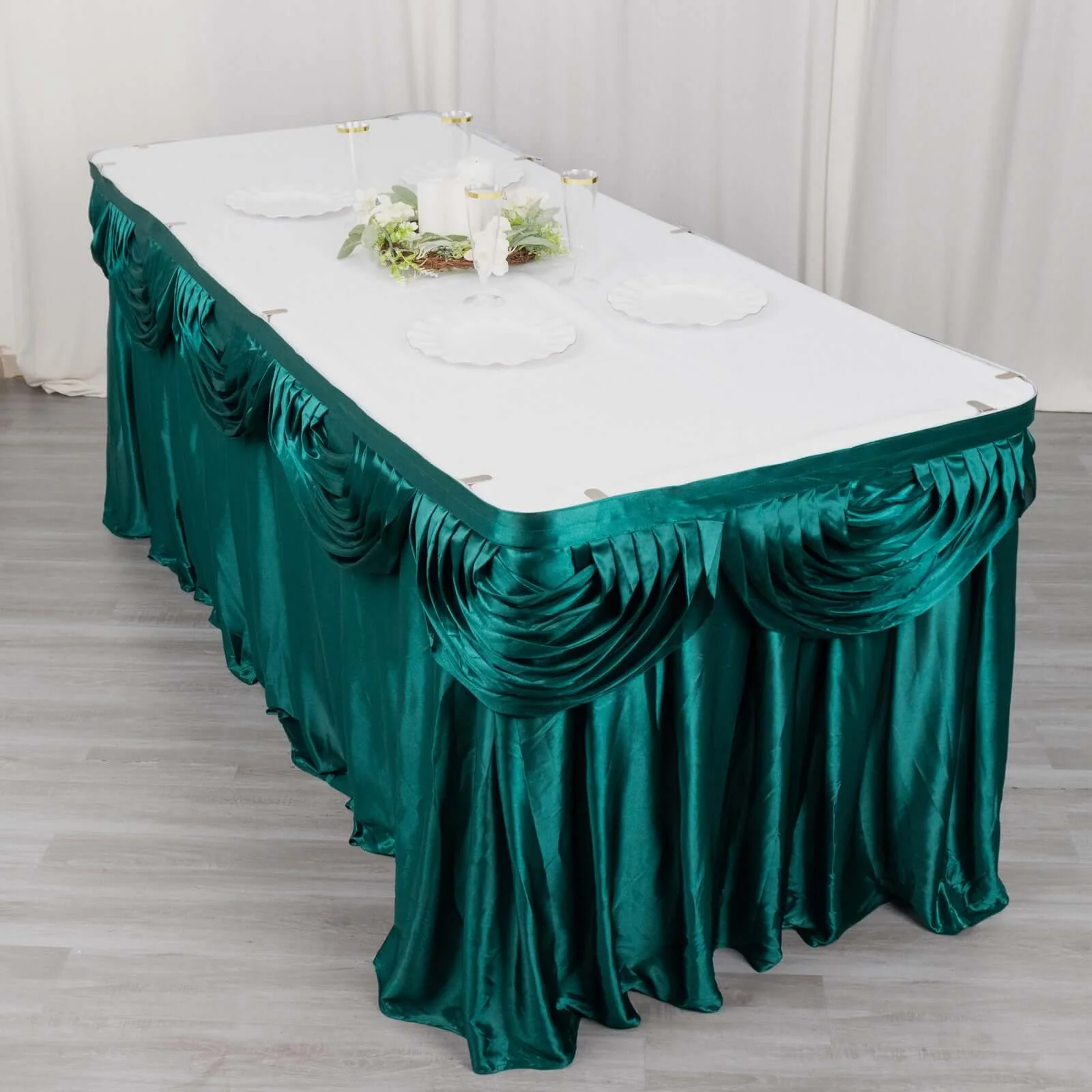 Satin Table Skirt 14ft Peacock Teal - Pleated Double Drape Table Cover - Image 5