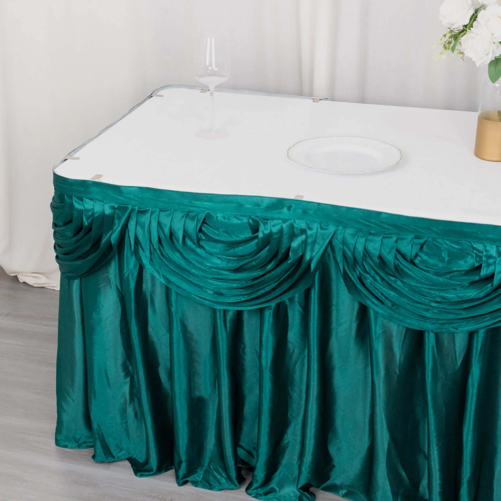 Satin Table Skirt 14ft Peacock Teal - Pleated Double Drape Table Cover - Image 7