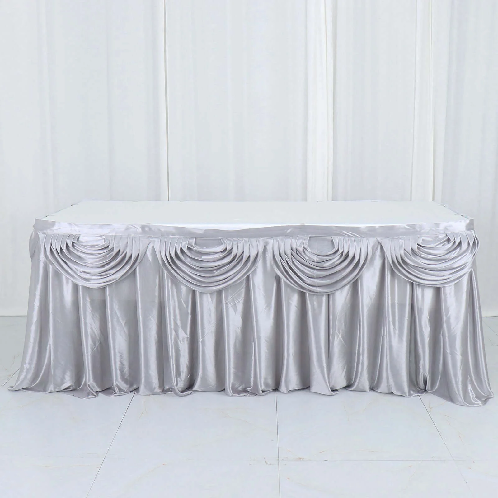 Satin Table Skirt 14ft Silver - Pleated Double Drape Table Cover