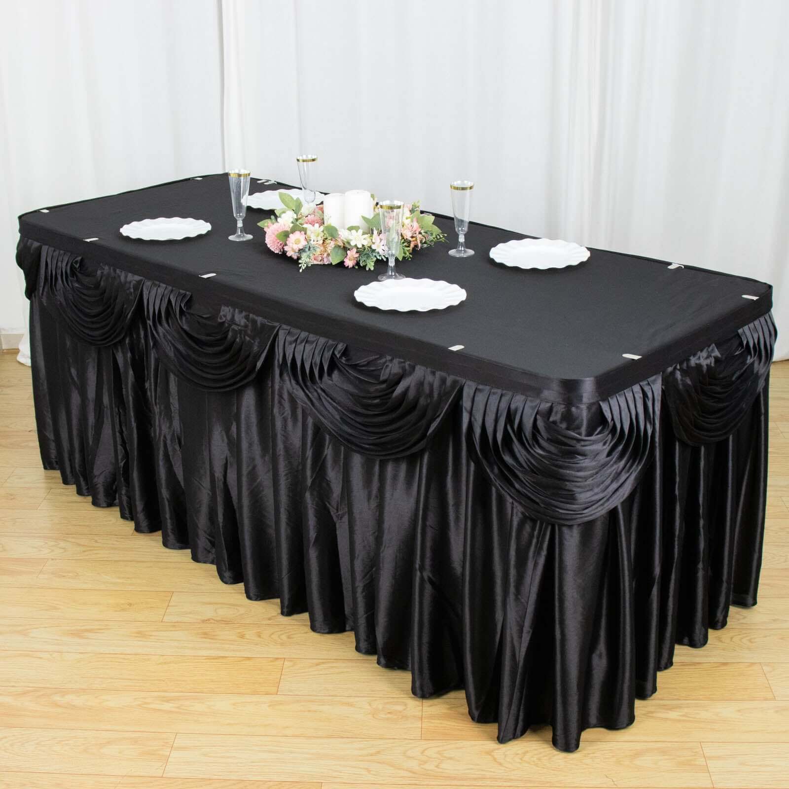 Satin Table Skirt 21ft Black - Pleated Double Drape Table Cover - Image 2