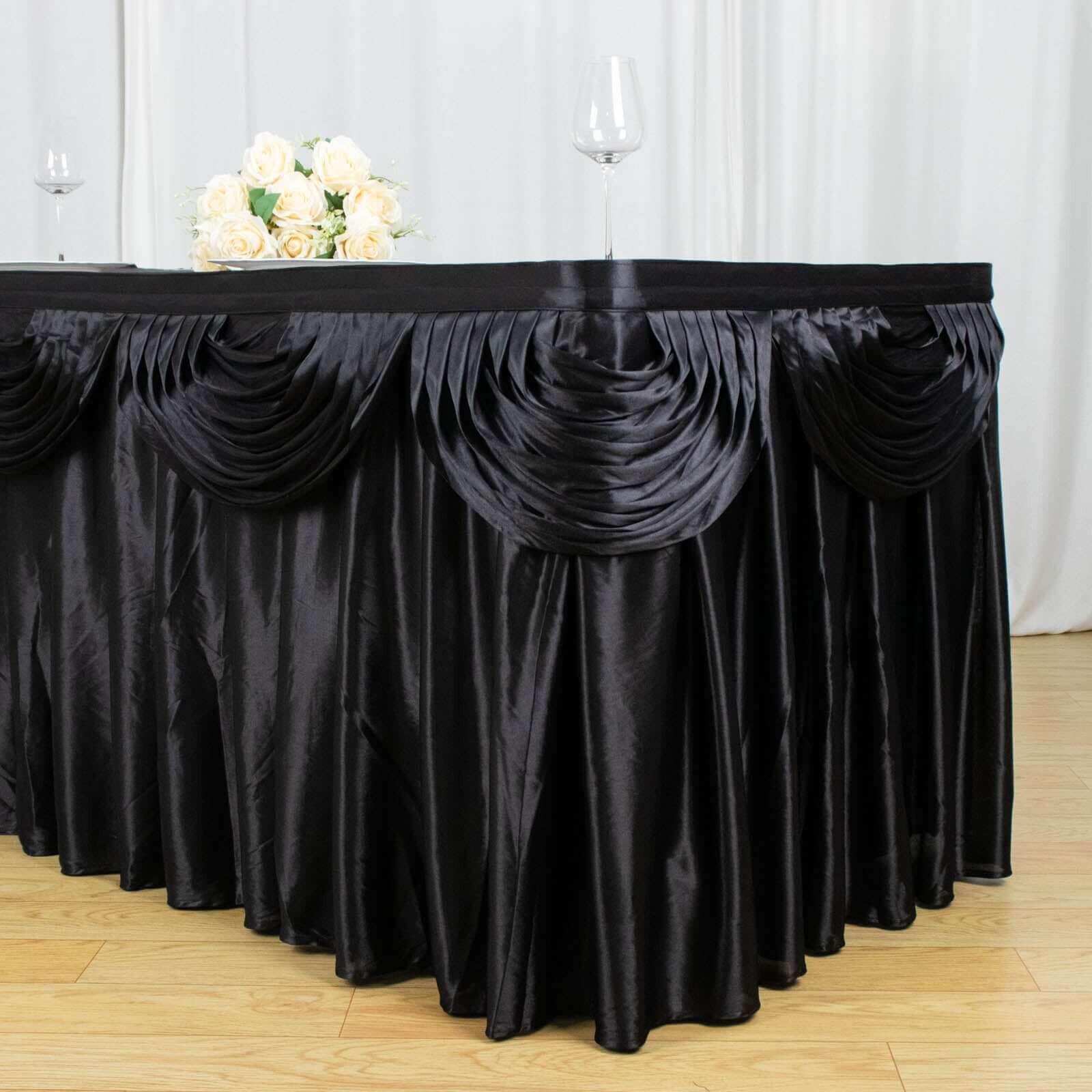 Satin Table Skirt 21ft Black - Pleated Double Drape Table Cover - Image 3
