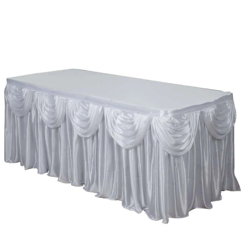 Satin Table Skirt 21ft White - Pleated Double Drape Design, Soft & Stylish for Events - Image 5