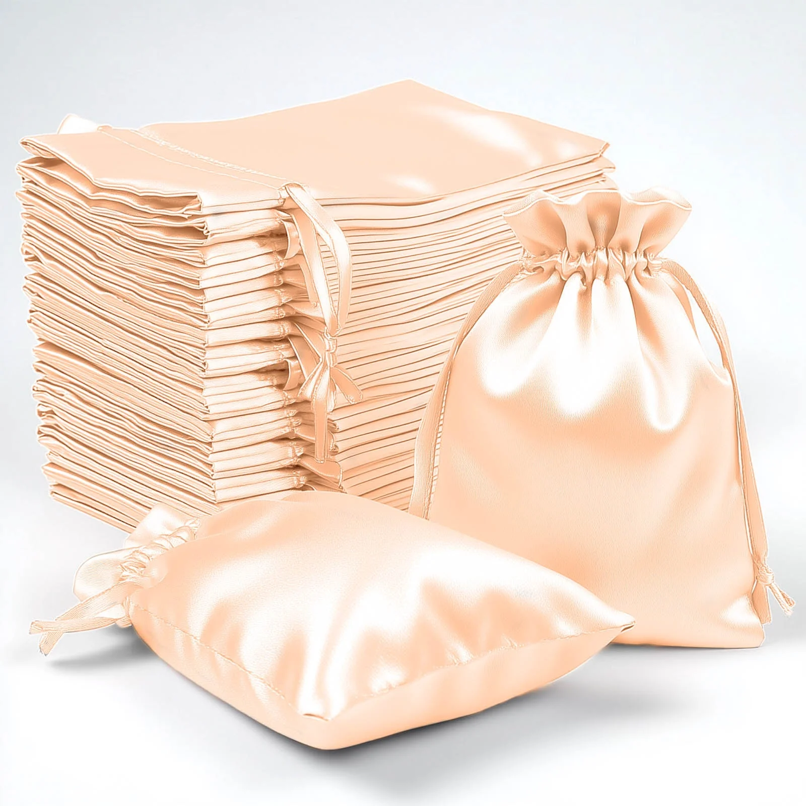 60 Pack Peach Satin Wedding Party Favor Bags, Drawstring Pouch Gift Bags 4"x6" - Image 6