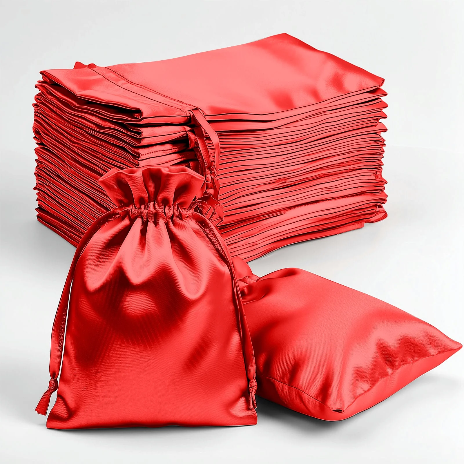 60 Pack Red Satin Wedding Party Favor Bags, Drawstring Pouch Gift Bags 4"x6"