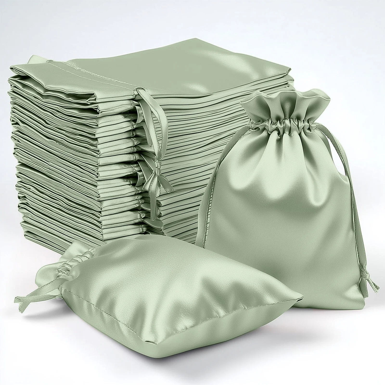 60 Pack Sage Green Satin Wedding Party Favor Bags, Drawstring Pouch Gift Bags 4"x6" - Image 6