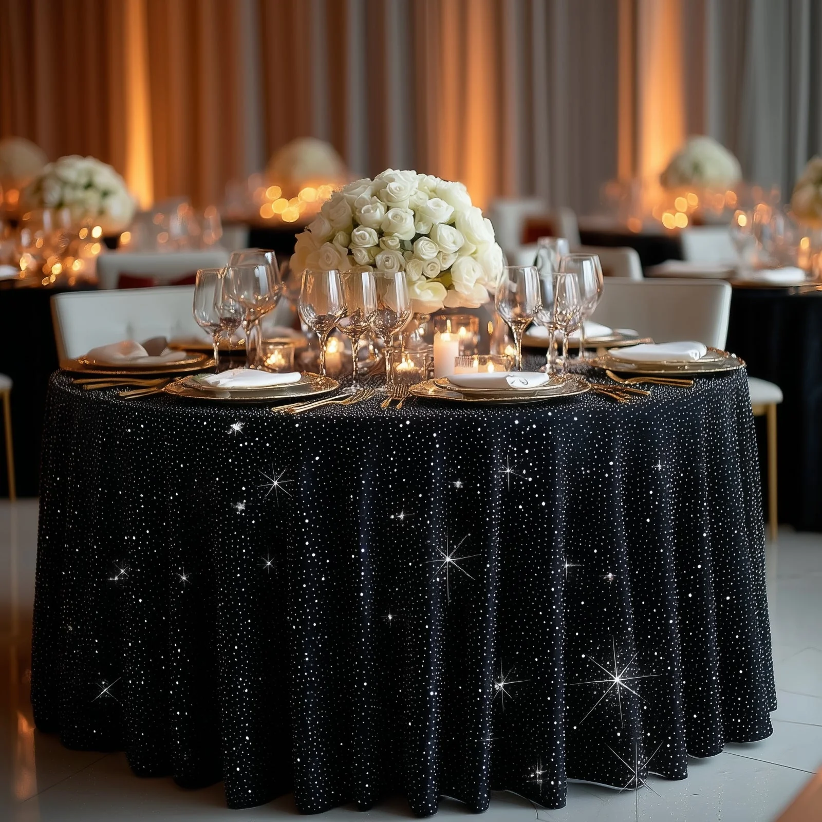 Scuba Round 132″ Black Tablecloth with Rhinestone Accents – Wrinkle-Free, Stain-Resistant & Seamless Luxury Event Cover - Image 5