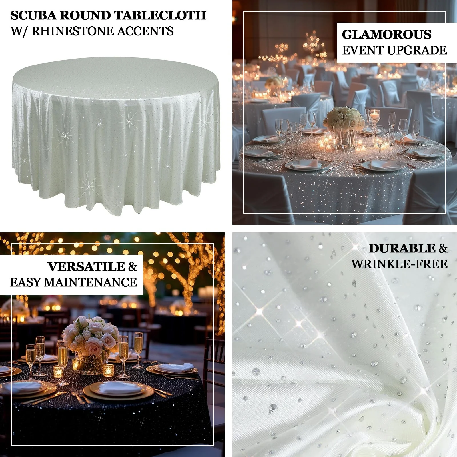 Scuba Round 132″ Pearl White Tablecloth with Rhinestone Accents – Wrinkle-Free, Stain-Resistant & Seamless Luxury Event Cover - Image 3