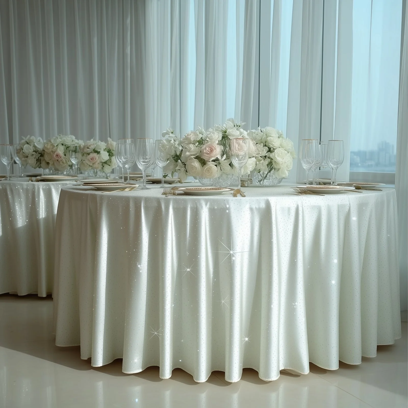 Scuba Round 132″ Pearl White Tablecloth with Rhinestone Accents – Wrinkle-Free, Stain-Resistant & Seamless Luxury Event Cover - Image 5