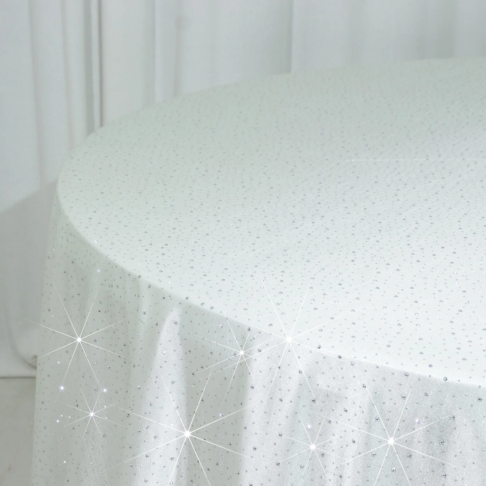 Scuba Round 132″ Pearl White Tablecloth with Rhinestone Accents – Wrinkle-Free, Stain-Resistant & Seamless Luxury Event Cover - Image 8