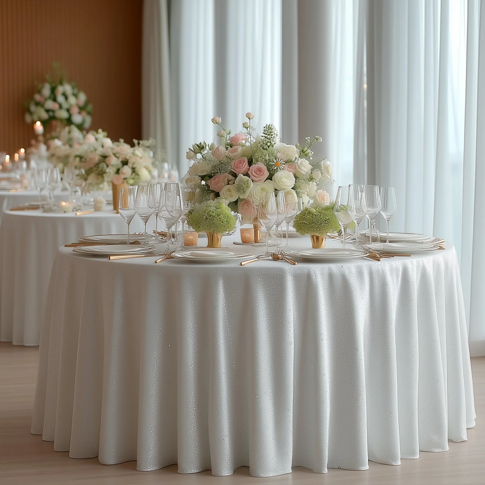 Scuba Round 132″ White Tablecloth with Rhinestone Accents – Wrinkle-Free, Stain-Resistant & Seamless Luxury Event Cover - Image 5