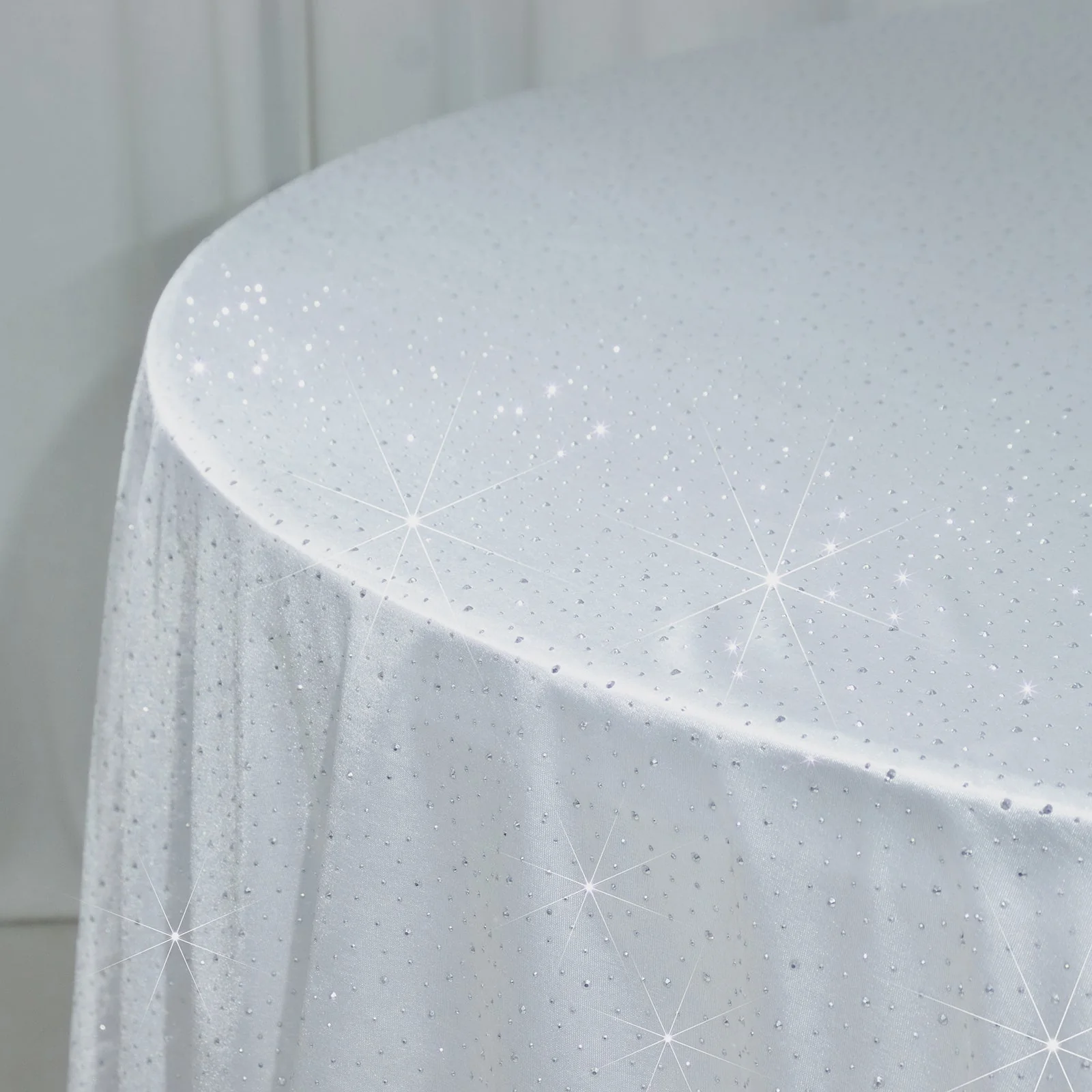 Scuba Round 132″ White Tablecloth with Rhinestone Accents – Wrinkle-Free, Stain-Resistant & Seamless Luxury Event Cover - Image 6