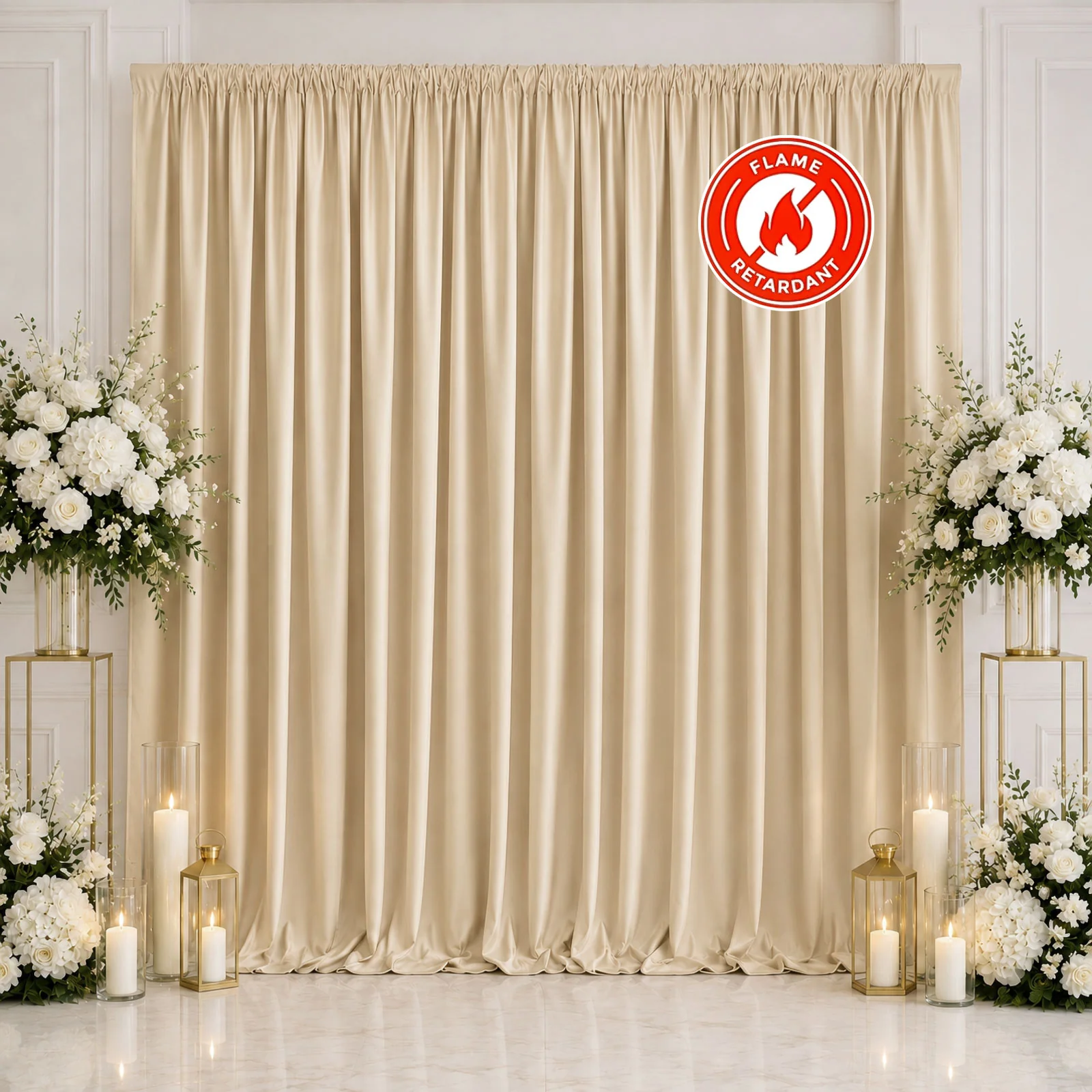 Scuba Polyester Backdrop Curtain Champagne 10ftx10ft Durable Flame Resistant Wrinkle-Free Event Drape Panel With Rod Pocket